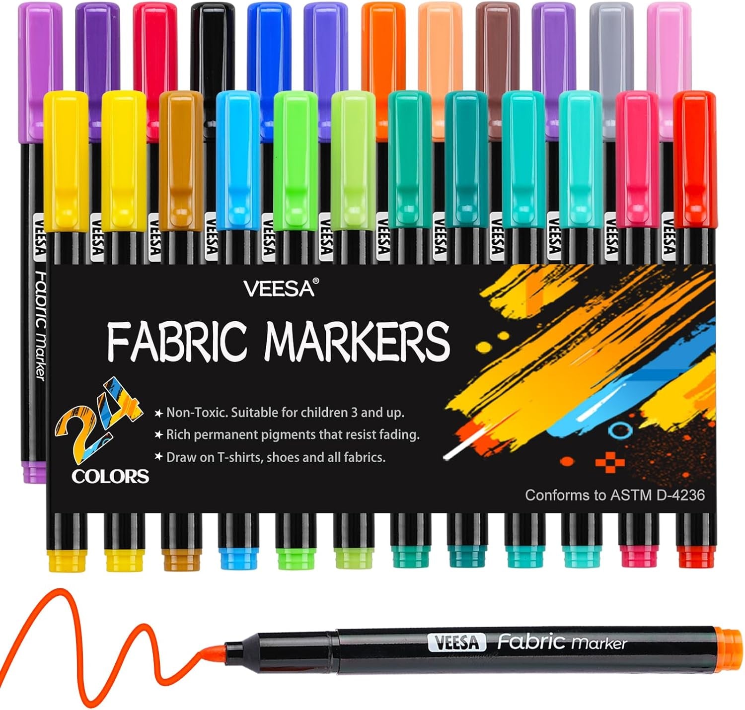 24 Colors Fabric Markers, Permanent Fabric Paint Marker for Clothes, Fine Point Textile Marker Pen for T-Shirt Shoes, Non-Toxic & Kid Safe