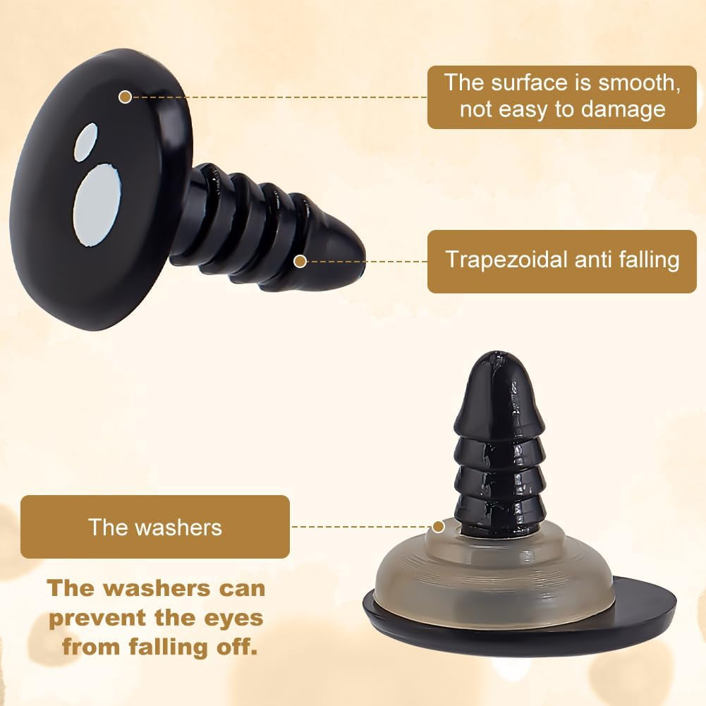 200Pcs Kawaii Safety Eyes, 5 Sizes Craft Eyes Black Stuffed Animal Eyes Kawaii Eyes with Washers Oval Resin Felt Eyes for Amigurumi Puppet Teddy Bear Crochet Plush Animal Making