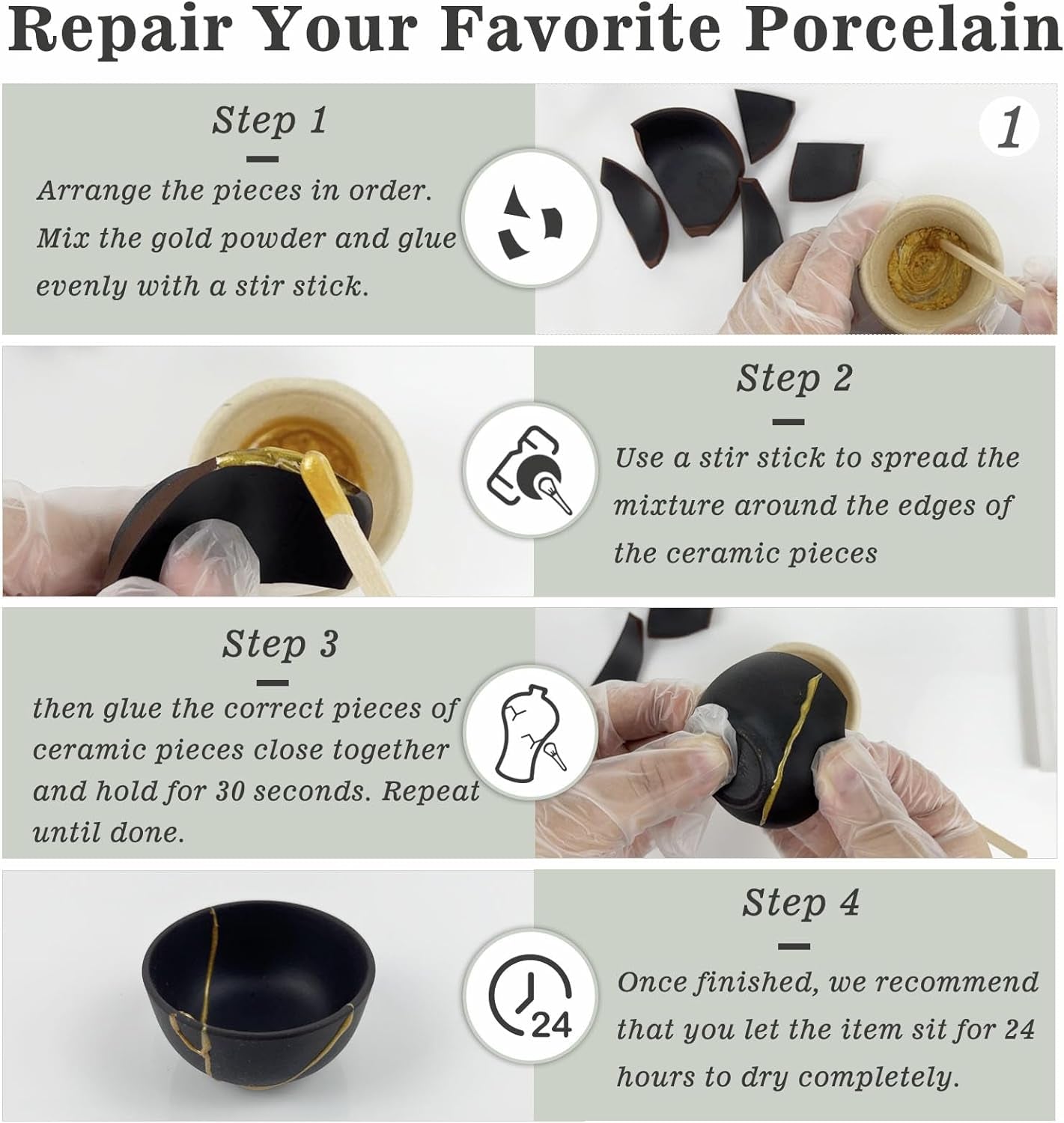 Kintsugi Repair Kit Food Safety, Japanese Gold Repair Kit, Bio Gold Glue for Ceramics and Porcelain Repair, Ceramic Repair Kit with Two Practice Cup Perfect for Beginners, Dishwasher Safety