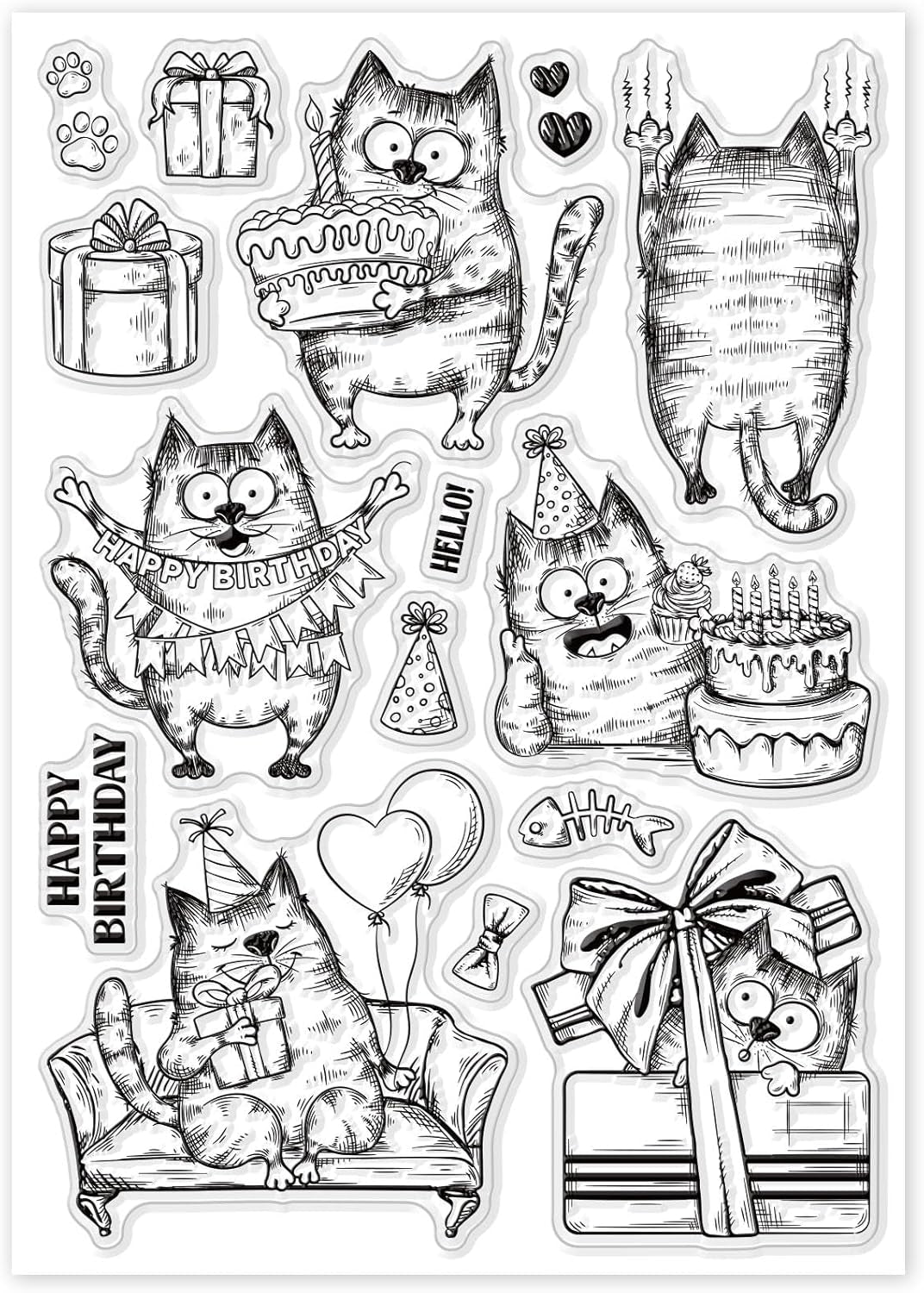 8.3×5.8In Birthday Cats Animal Clear Stamp Sofa Cat Birthday Cake Silicone Clear Stamp Gift Box Seals for DIY Scrapbooking Journals Decorative Cards Making Photo Album Decorative