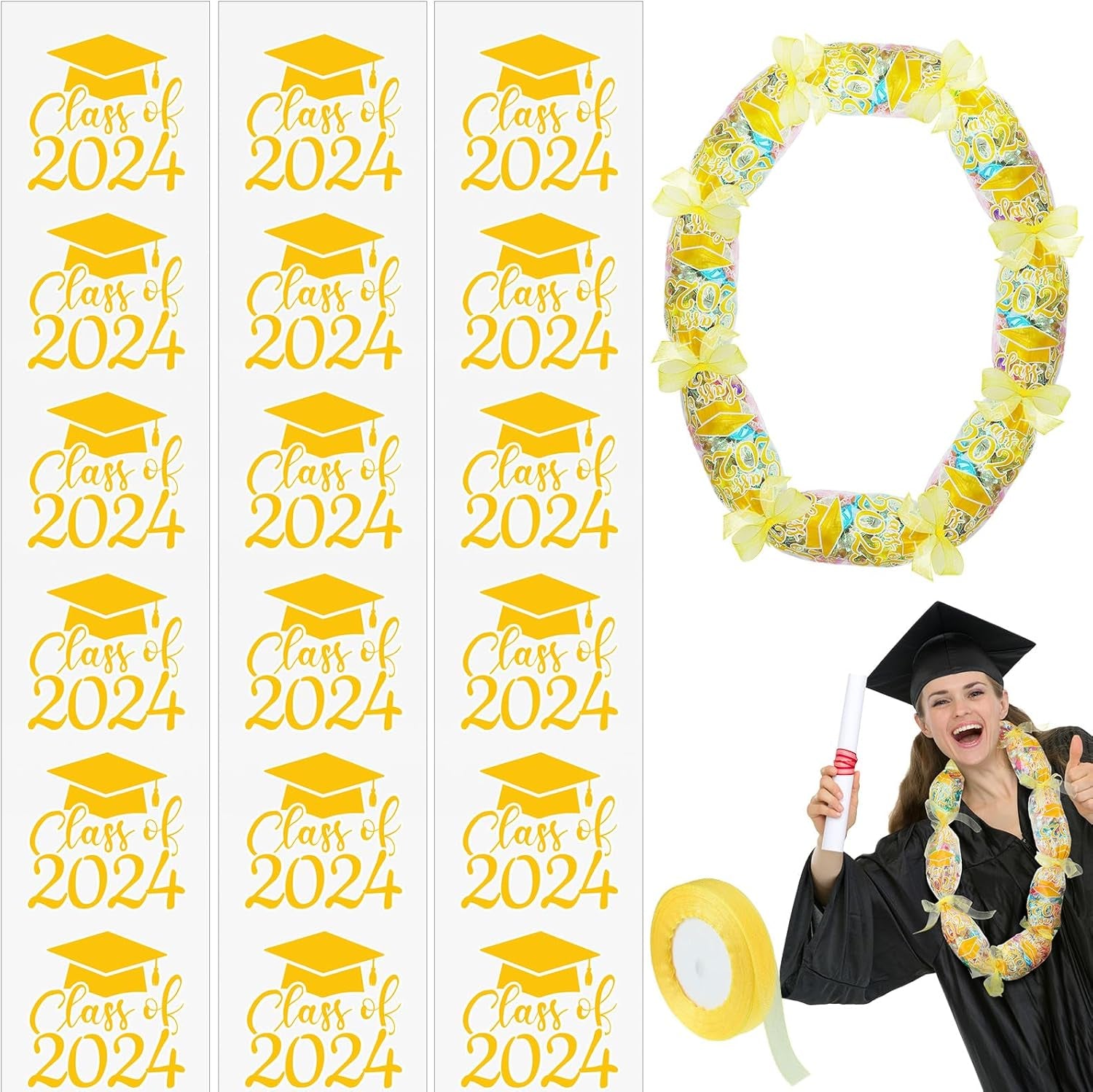 24 Set Graduation Candy Lei Making Kit Class of 2024 Hawaiian Lei Candy Lei Tubing Lei Bags Congrats Grad Lei Long Lei Ribbons Candy Dessert Filler for Party Graduate (Net Flower Style)