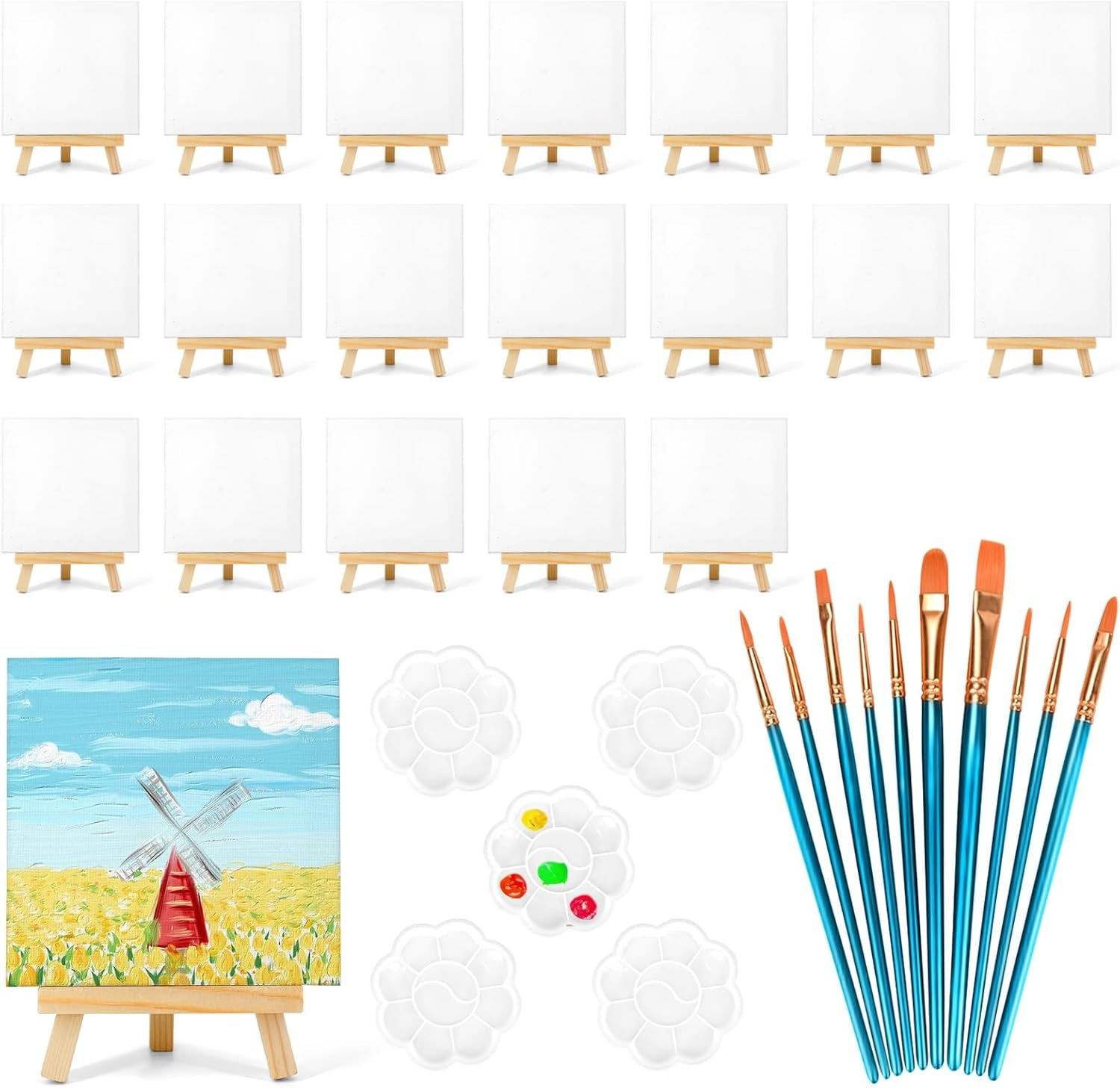 20 Pack 4X4 in Mini Canvases, Small Painting Canvas Panel with Mini Easel, Art Canvas Painting Kit with 10 Brushes &amp; 5 Paint Tray for Kids Teenagers Acrylic Pouring Oil Water Color Gift…