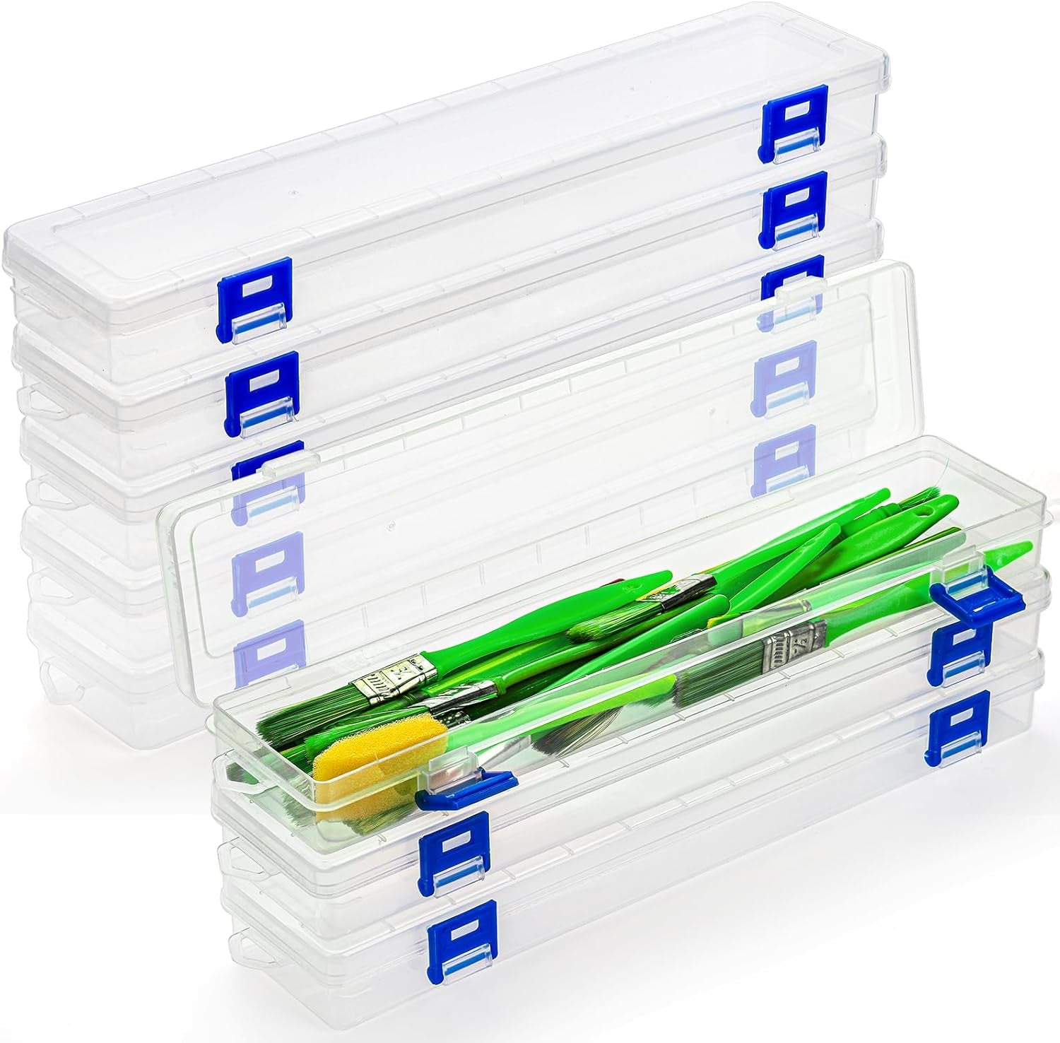8 Pack Plastic Paint Brush Holder, 13" Long Translucent Watercolor Pens Pencils Case with Buckle Design, Paintbrush Drawing Tools Storage Box Container with Hinged Lid for Artist Art Craft
