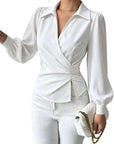 Elevate Your Elegance: TIAFORD Women's Chic Ruched Wrap Blouse with Puff Sleeves"
