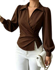 Elevate Your Elegance: TIAFORD Women's Chic Ruched Wrap Blouse with Puff Sleeves"