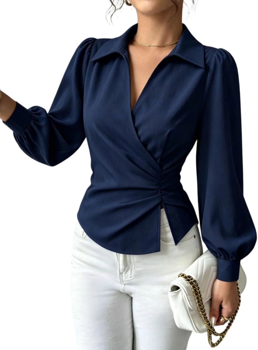 Elevate Your Elegance: TIAFORD Women's Chic Ruched Wrap Blouse with Puff Sleeves"