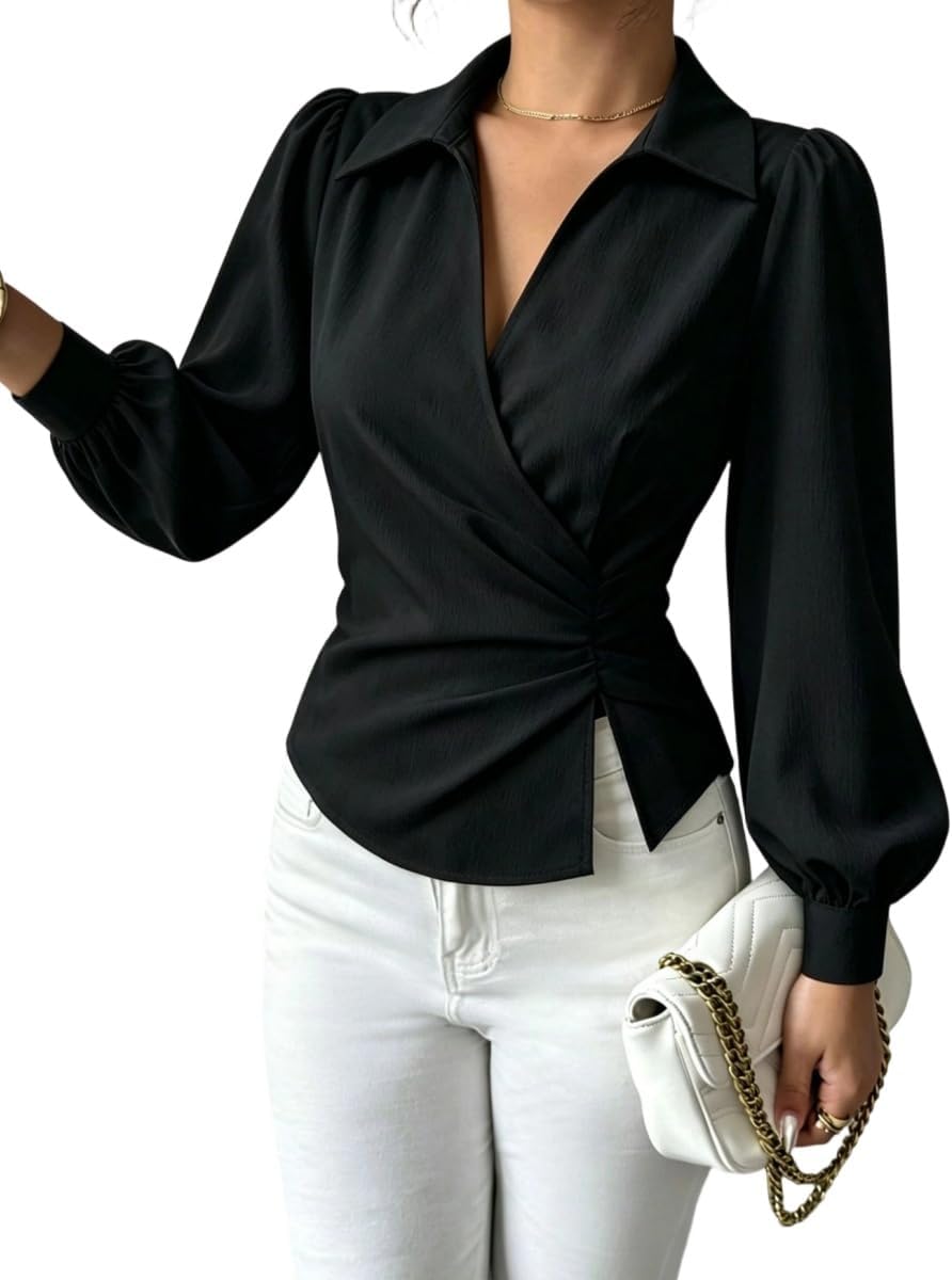 Elevate Your Elegance: TIAFORD Women's Chic Ruched Wrap Blouse with Puff Sleeves"