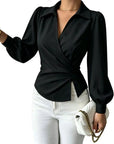 Elevate Your Elegance: TIAFORD Women's Chic Ruched Wrap Blouse with Puff Sleeves"