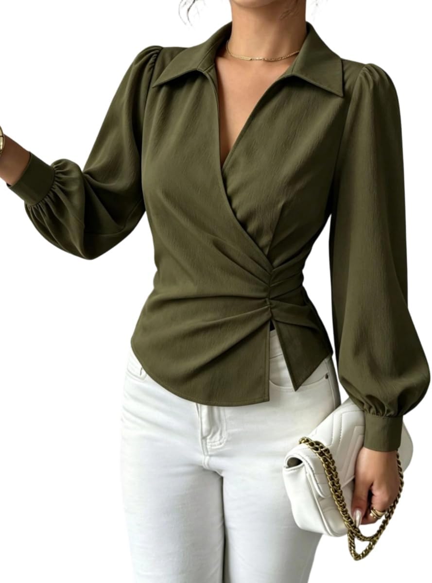 Elevate Your Elegance: TIAFORD Women's Chic Ruched Wrap Blouse with Puff Sleeves"