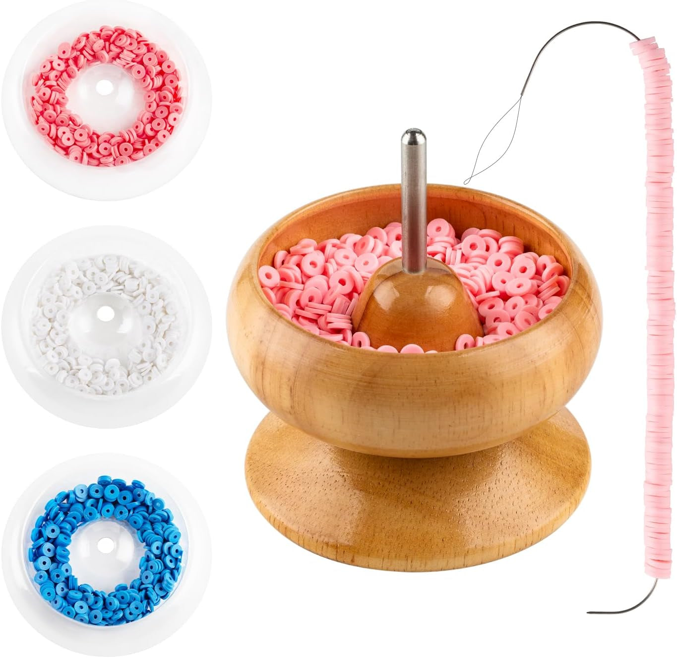 Clay Bead Spinner,Seed Beads Kit with 3 Pcs Quick Changed Trays,Beading Needles for Jewelry Making (Wooden)