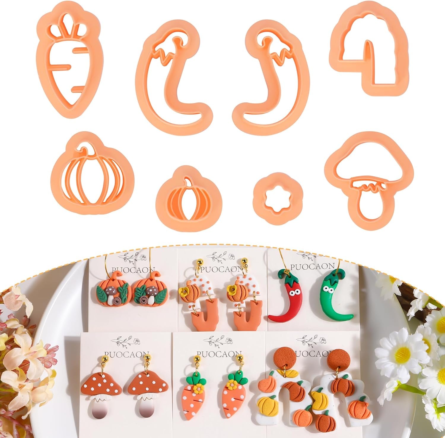 Pumpkin Polymer Clay Cutters - 8 Shapes Clay Cutters for Earrings, Cute Mushroom Shape Clay Cutters for Polymer Clay Jewelry Making, 3D Print Carrot Pepper Clay Earrings Cutters Set