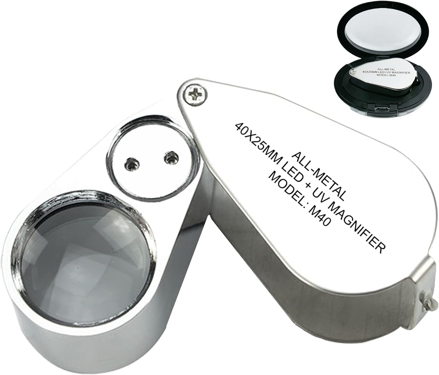 40X Jewelers Loupe with Light, UV Lighted Magnifying Glass Eye Loop, LED Illuminated Metal Pocket Magnifier for Jewelry, Currency, Plants, Coins, Diamonds, Stamps