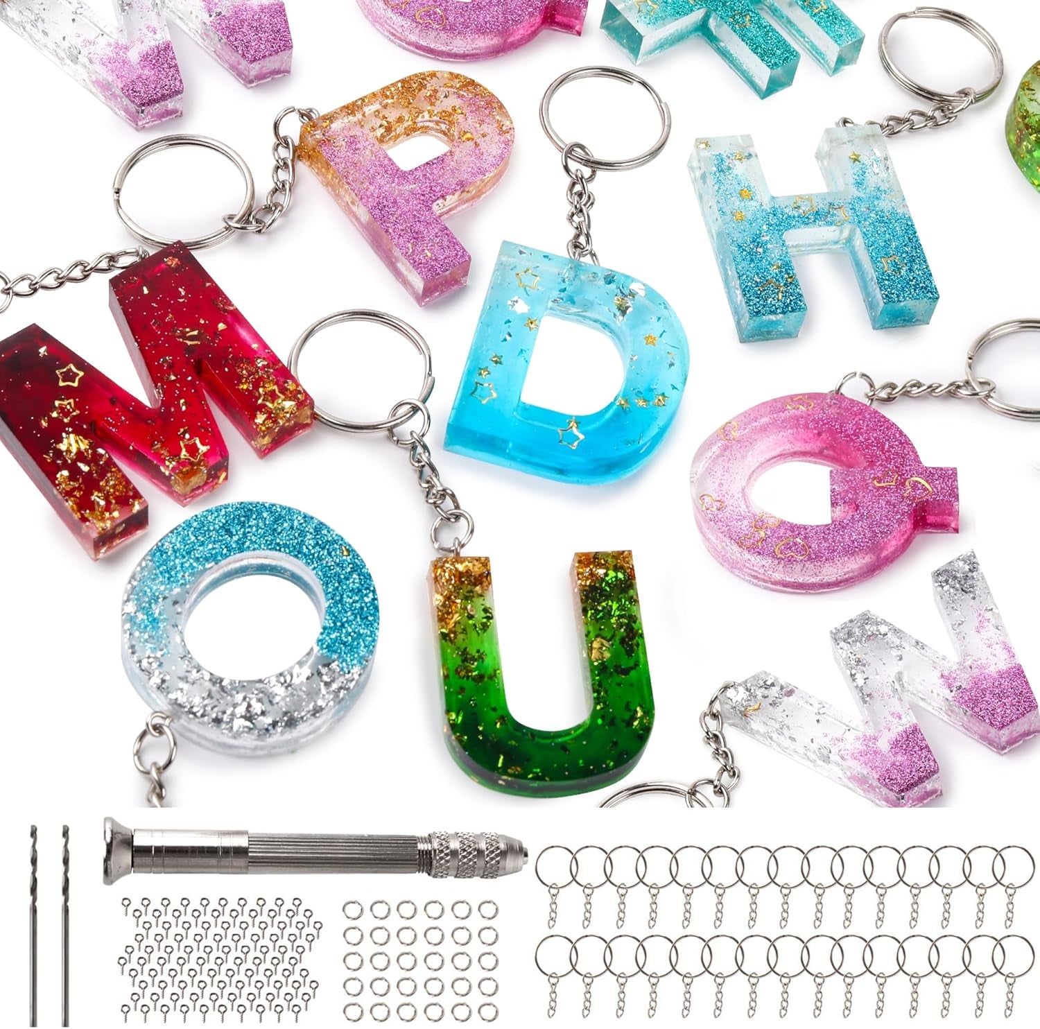 134Pcs Alphabet Keychain Resin Molds Kit, Reversed Letter Number Silicone Mold Epoxy Resin Casting Molds Key Chain Making Set with 1 Hand Drill 2 Drill Bits 30 Key Rings 100 Screw Pin