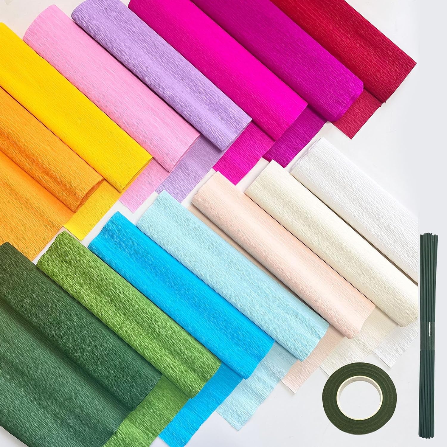 65Pcs Crepe Paper Flower DIY Kits, 14 Rolls Rainbow Colors Crepe Paper Rolls 8Ft Long 10 Inch Wide, 50 Pcs Green Floral Iron Wire and 1 Roll Green Tape for Birthday Party Wedding Festival Ornament