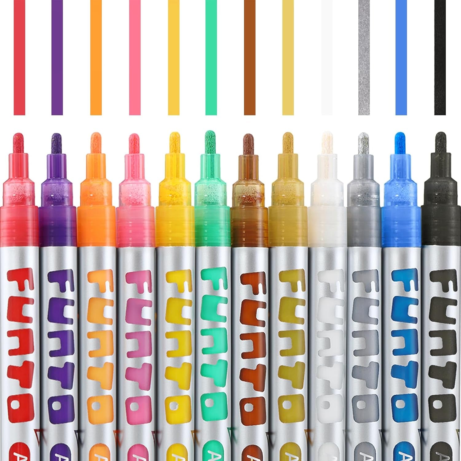 Acrylic Paint Pens for Rock Painting, Fabric, Wood, Canvas, Metal, Ceramic, Glass, 12 Colors Paint Marker Set, Non-Toxic, Quick Drying