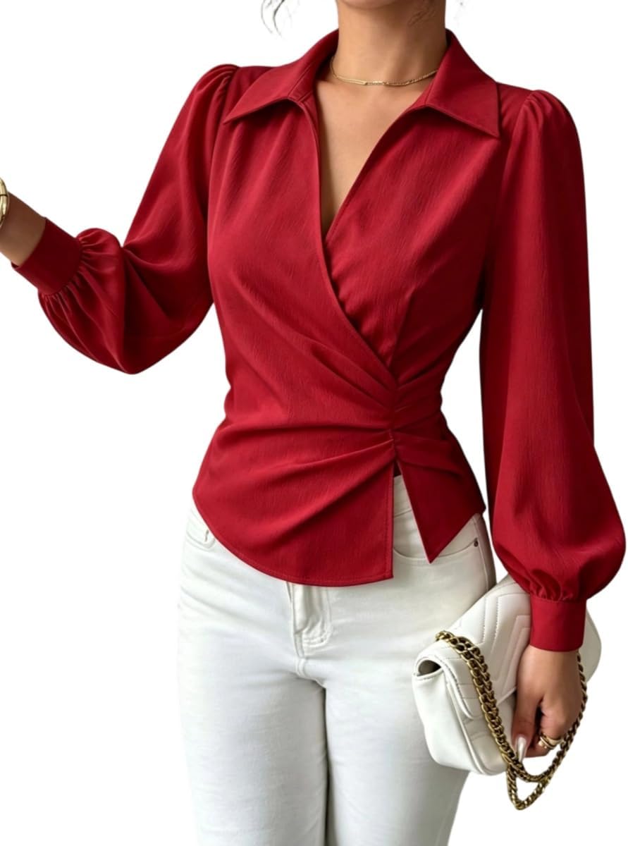 Elevate Your Elegance: TIAFORD Women's Chic Ruched Wrap Blouse with Puff Sleeves"