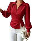 Elevate Your Elegance: TIAFORD Women's Chic Ruched Wrap Blouse with Puff Sleeves"