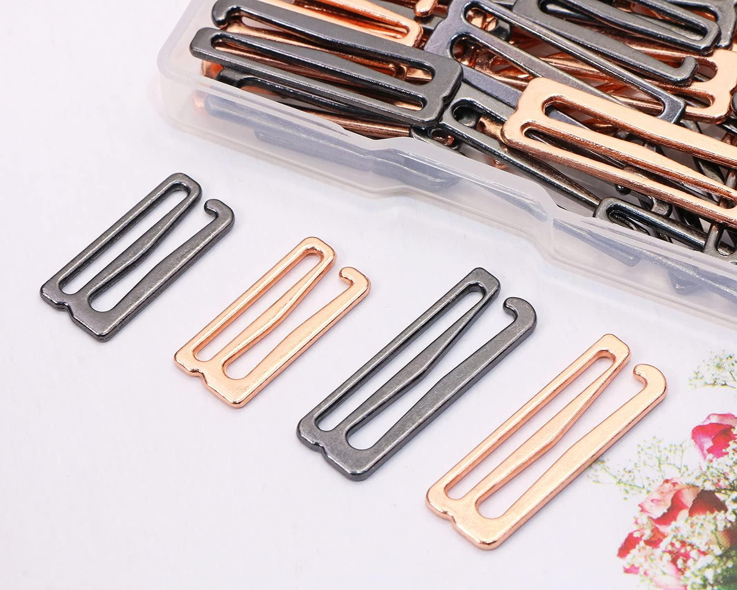 40PCS Metal Bra Strap Hooks for Sewing Bikini Halter Tops Bathing Suit Clips Clasp Swimsuit Adjustment Slides for Lingerie Slip Dress Camisole, 18Mm and 25Mm, Rose Gold and Metallic Black