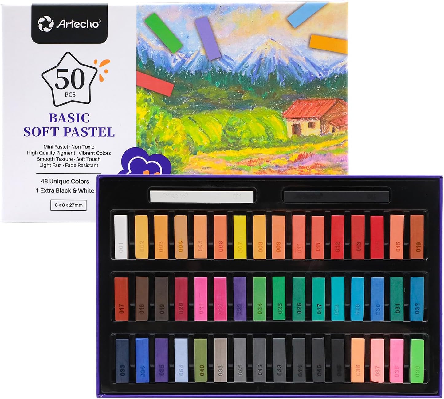 72Pcs Soft Pastels, 70 Colors Including 4 Fluorescent Colors, Extra Free Black &amp; White, Square Chalk for Drawing, Blending, Layering, Shading, Pastels Art Supplies