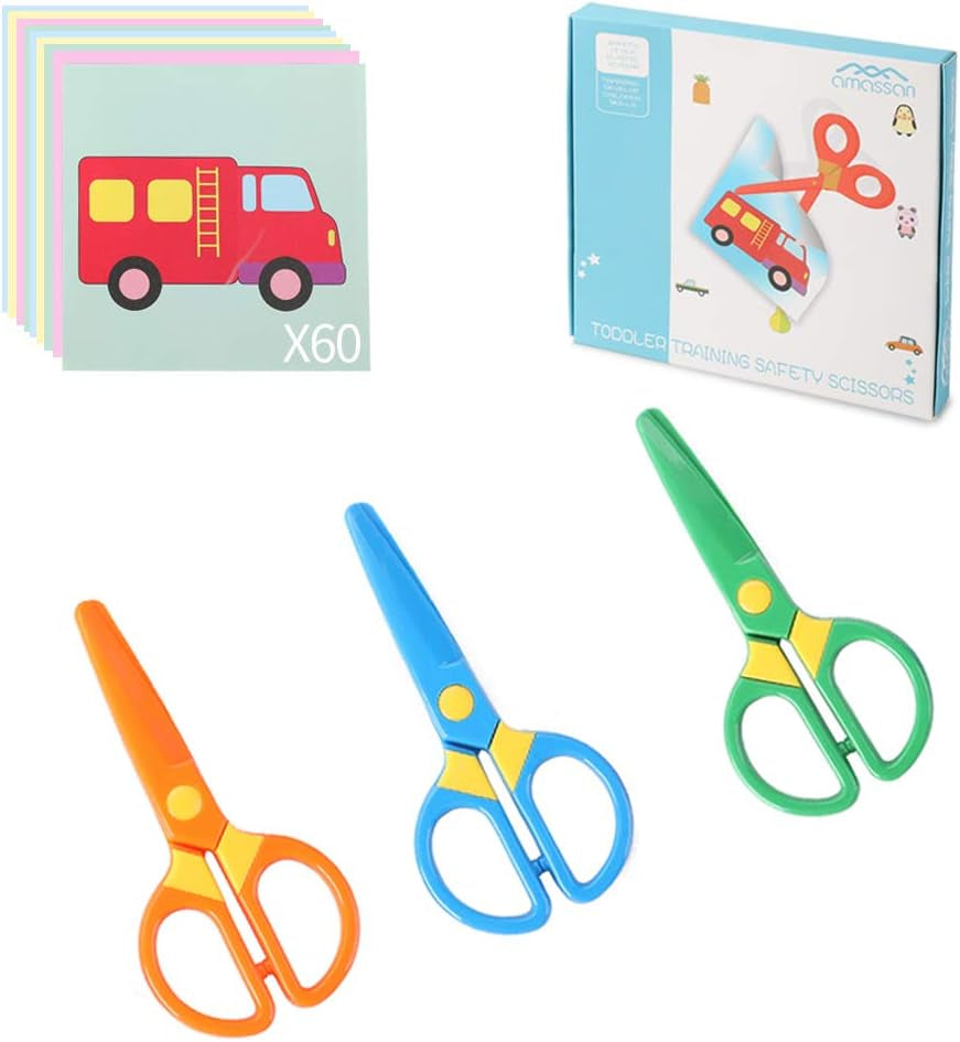 Plastic Safety Scissors, Toddlers Training Scissors, Pre-School Training Scissors and Offices Scissors Kids Paper-Cut (3Pcs &Paper Cutting)