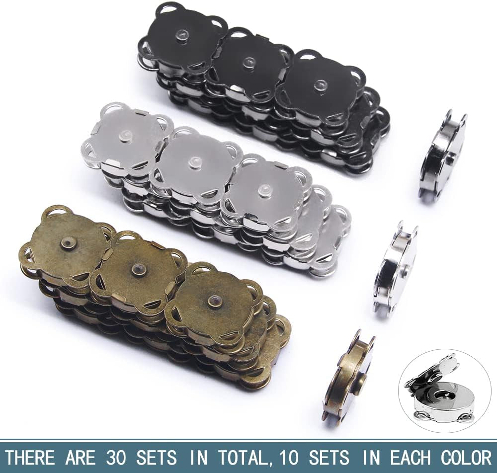 30 Sets Magnetic Snaps Button for Purse Handbag Wallet Overcoat Bag Mixed 3 Colors Fasteners Snap Buttons
