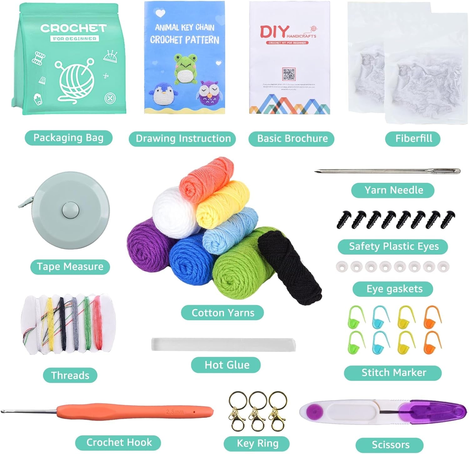 Crochet Kit for Beginners Kids Adults - Amigurumi Crocheting Animal Kits, Beginner Knitting Set DIY Art Craft, 3 Pattern Owl, Penguin, Frog, Easy to Learn Tutorials, Yarns, Hook, for Girls Age 12+