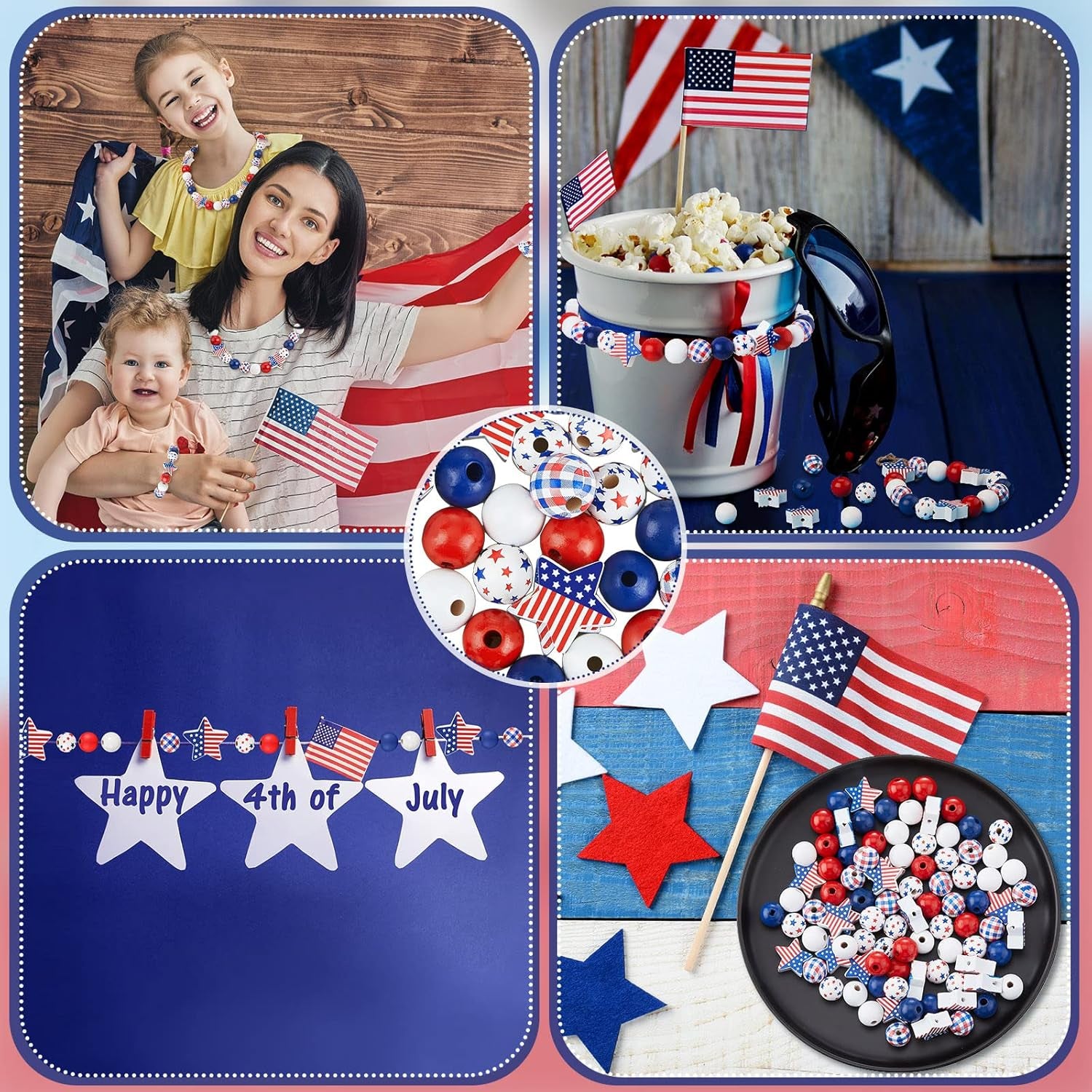 180 Pieces Patriotic Beads 4Th of July Wood Beads Independence Day Craft Bead America Flag Stars Beads Blue White Red Plaid Bead for DIY Garland Bracelet Necklaces Tiered Tray Decor (Classic Style)