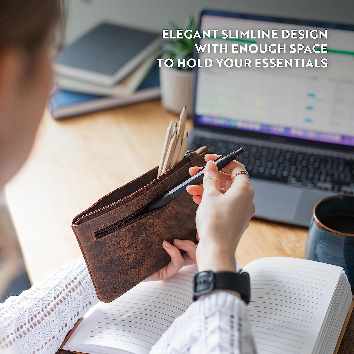 Leather Pencil Case Pouch 8" X 4" Handcrafted Leather Pen Case with Zipper - Elegant & Practical Brown Leather Pencil Pouch with Side Pouches - Pencil Pouch Leather