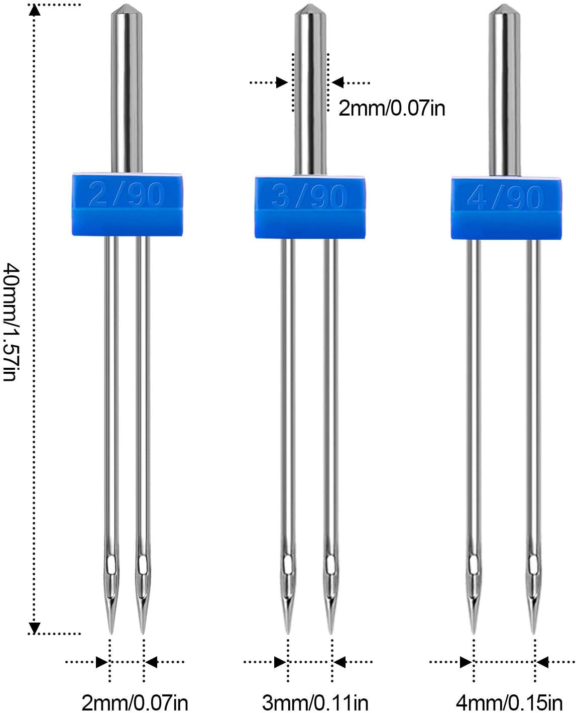 18 Pieces Sewing Machine Twin Needles Double Twin Needles Pins Twin Stretch Needles with Plastic Box, Automatic Needle Threader for Household Sewing Machine, 3 Mixed Sizes 2.0/90, 3.0/90, 4.0/90