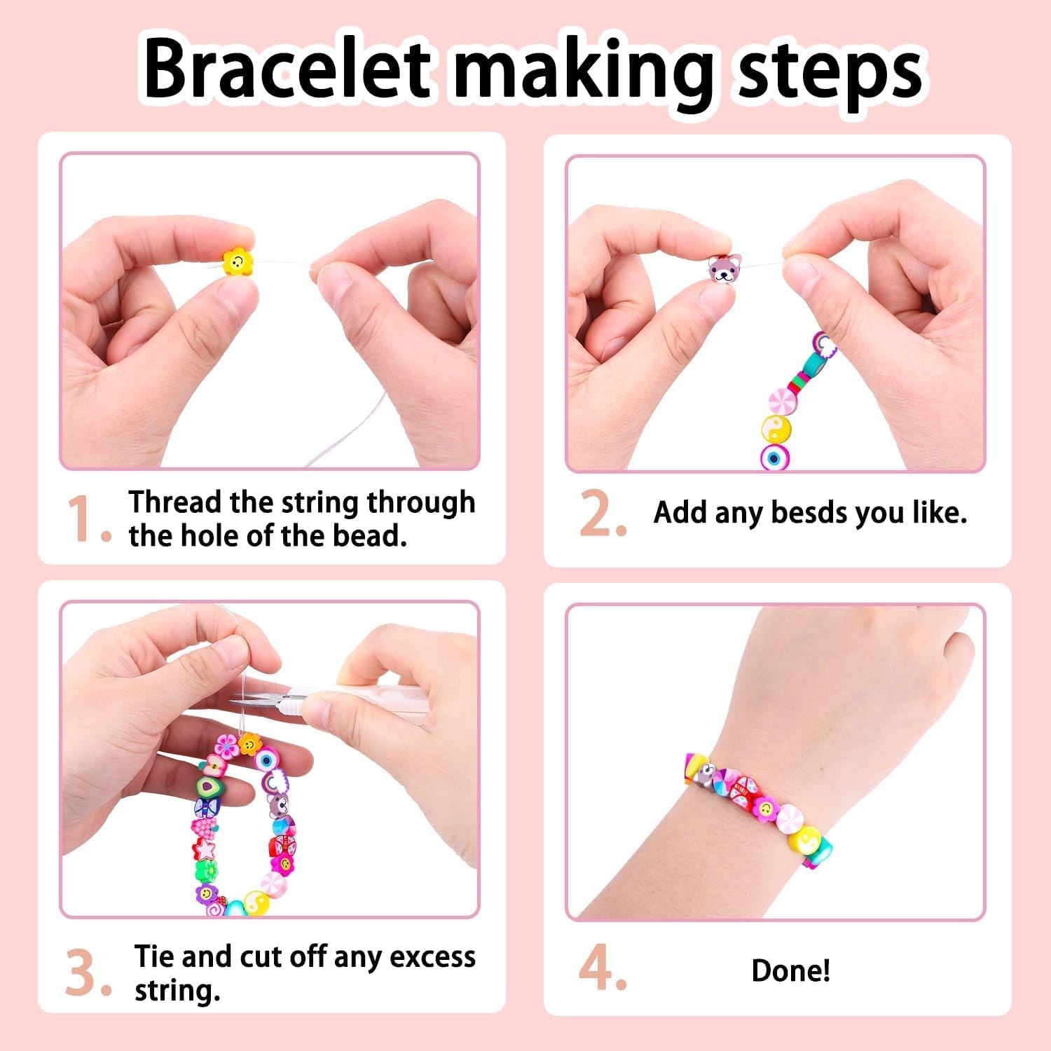 300PCS Clay Beads Charms,Fruit Flower Letter Beads Soft Beads for Women Girls Bracelet Making DIY Bracelet Necklace Earring Accessories with 4M Crystal Elastic String