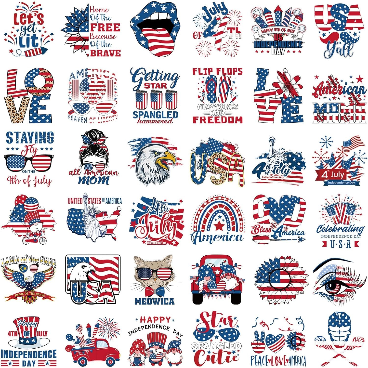 36 Pcs Patriotic Iron on Transfers 4Th of July Iron on Decals Patches Independent Day Western Heat Transfers Vinyl Decals for Clothes Bag Covers DIY Decorations