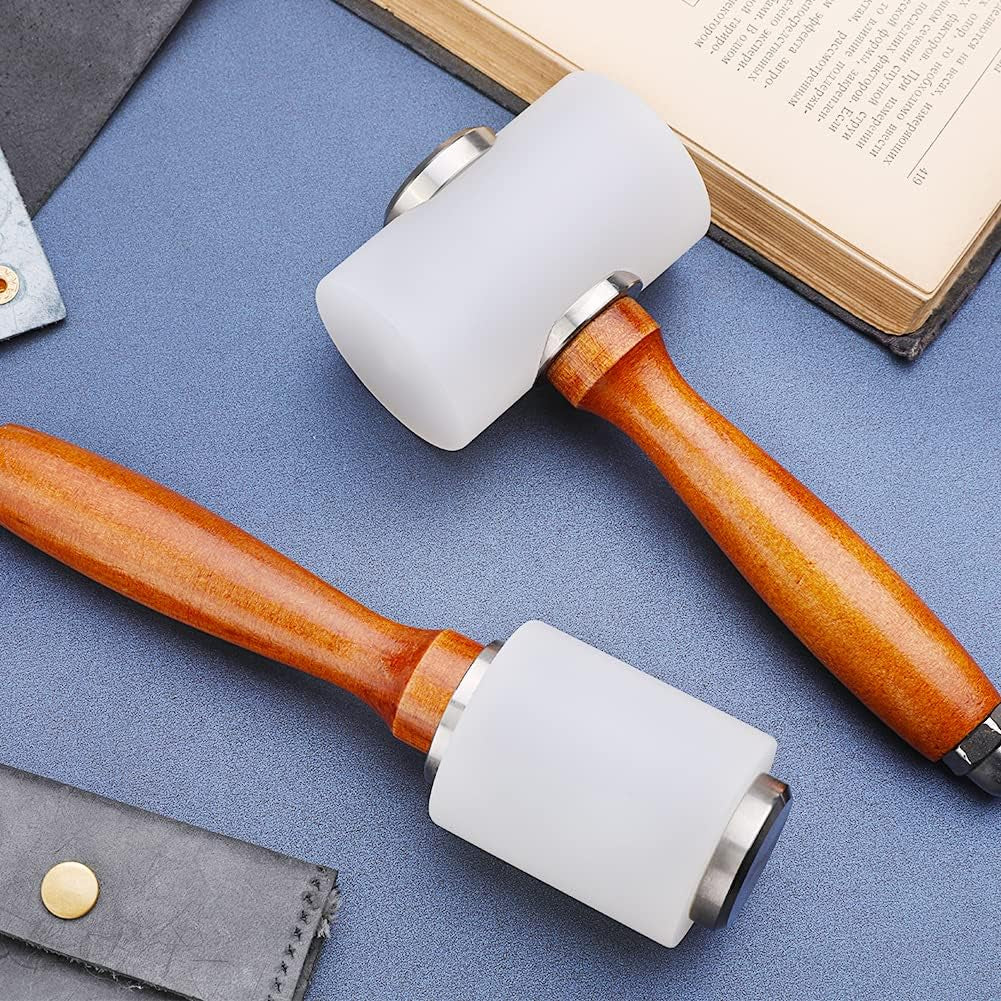 Leather Carving Hammer 2 Pieces, Leathercraft Mallet, Nylon Wood Handle Hammer, Leather Carving Hammer Mallet for DIY Stamping Sew Leather Cowhide Tool(1 T Hammer + 1 Vertical Hammer)