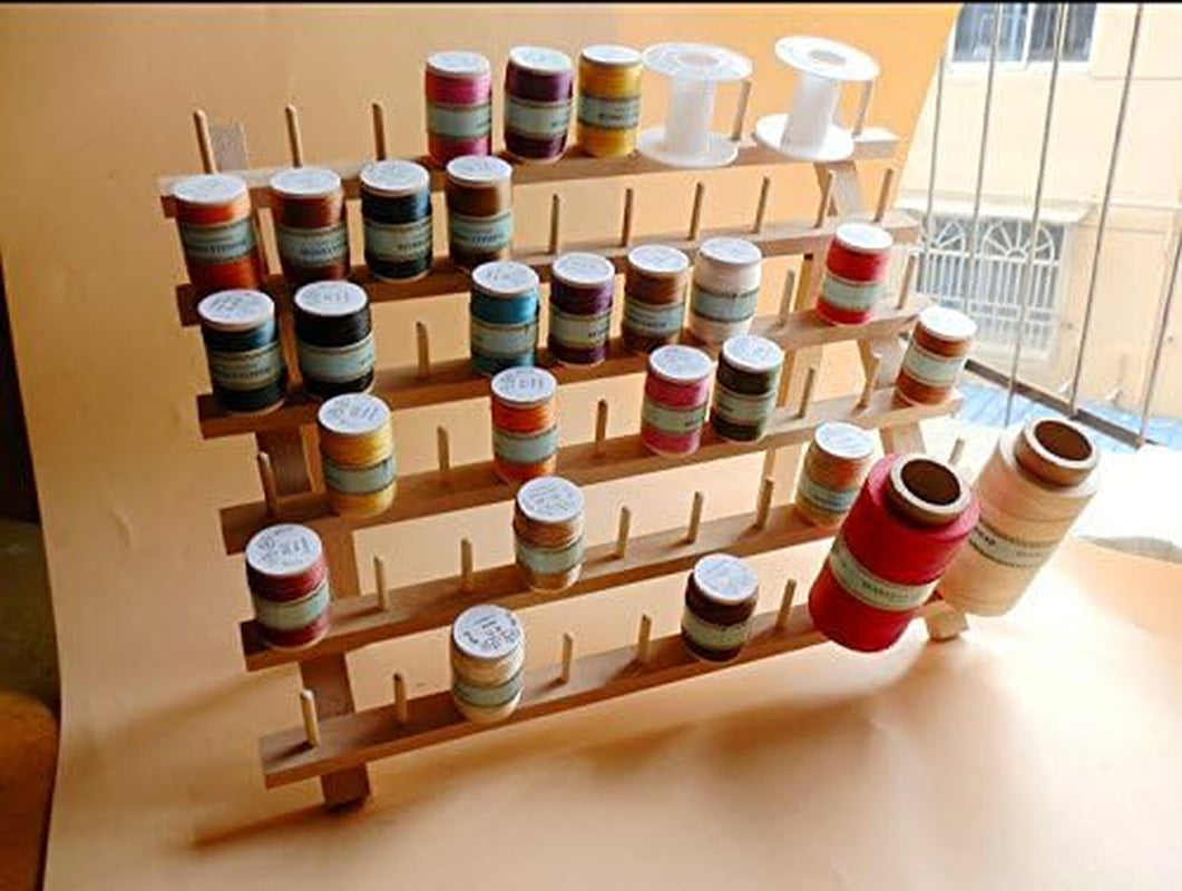 60-Spools Wooden Thread Holder Sewing and Embroidery Thread Rack and Organizer Thread Rack for Sewing with Hanging Hooks