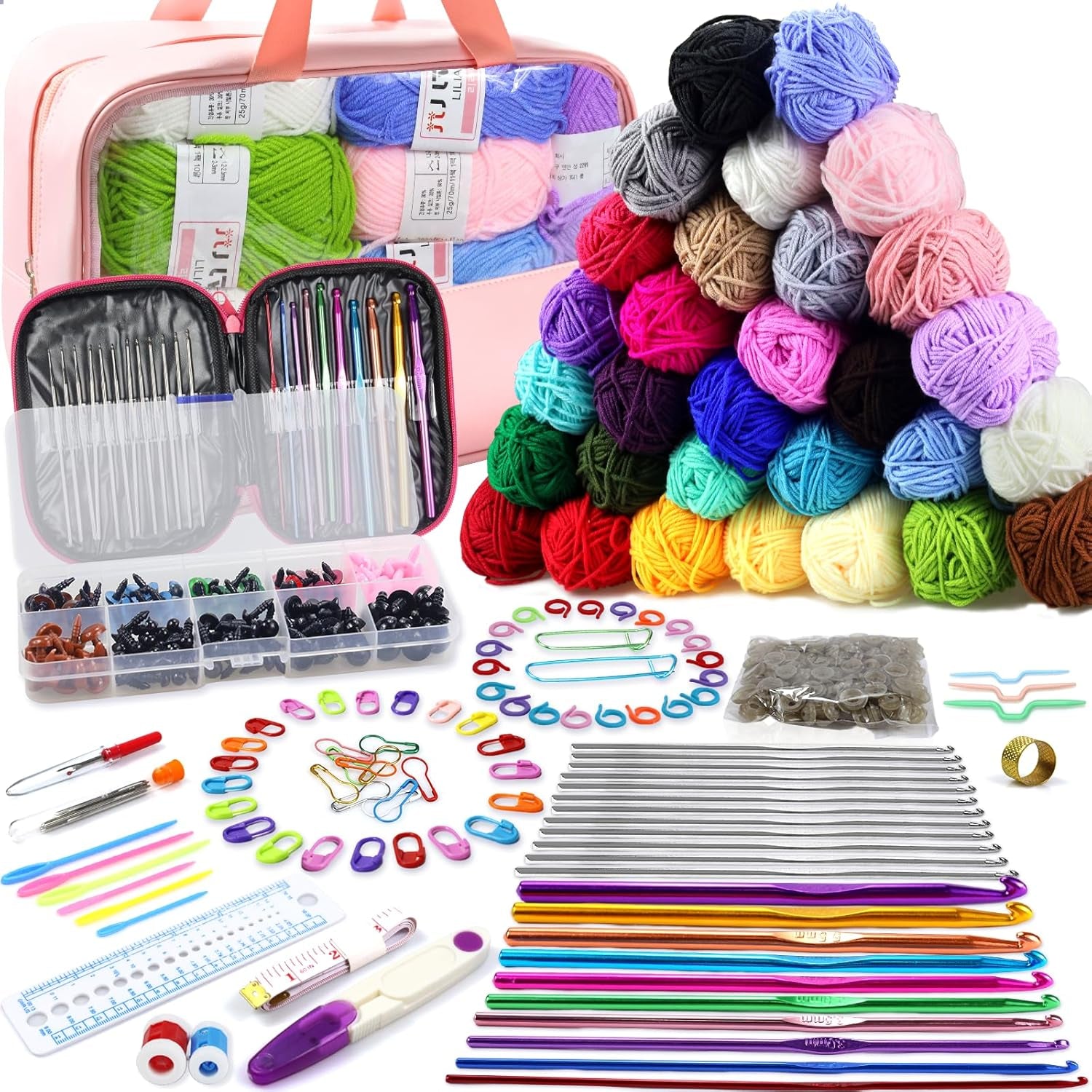 336Pcs Crochet Kit for Beginners, Crochet Kit with 1500 Yards 30 Colors Yarn for Crocheting, Beginner Crochet Kit for Adults Kids, Knitting Crochet Accessories Include 30Pcs Crochet Hooks Crochet Bag