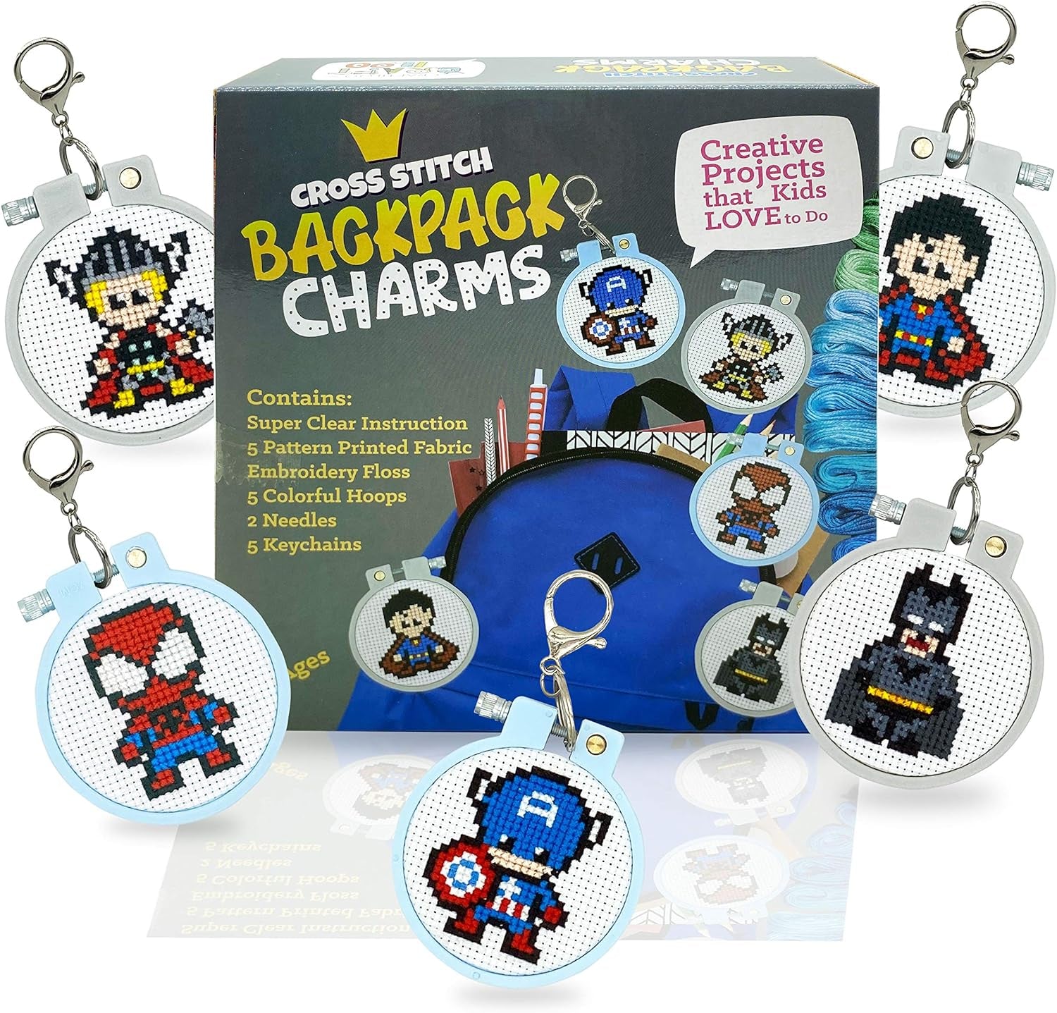 5 Stamped Superhero Cross Stitch Beginner Projects for Kids Needlepoint Starter Kit Sewing Set for Backpack Charms…