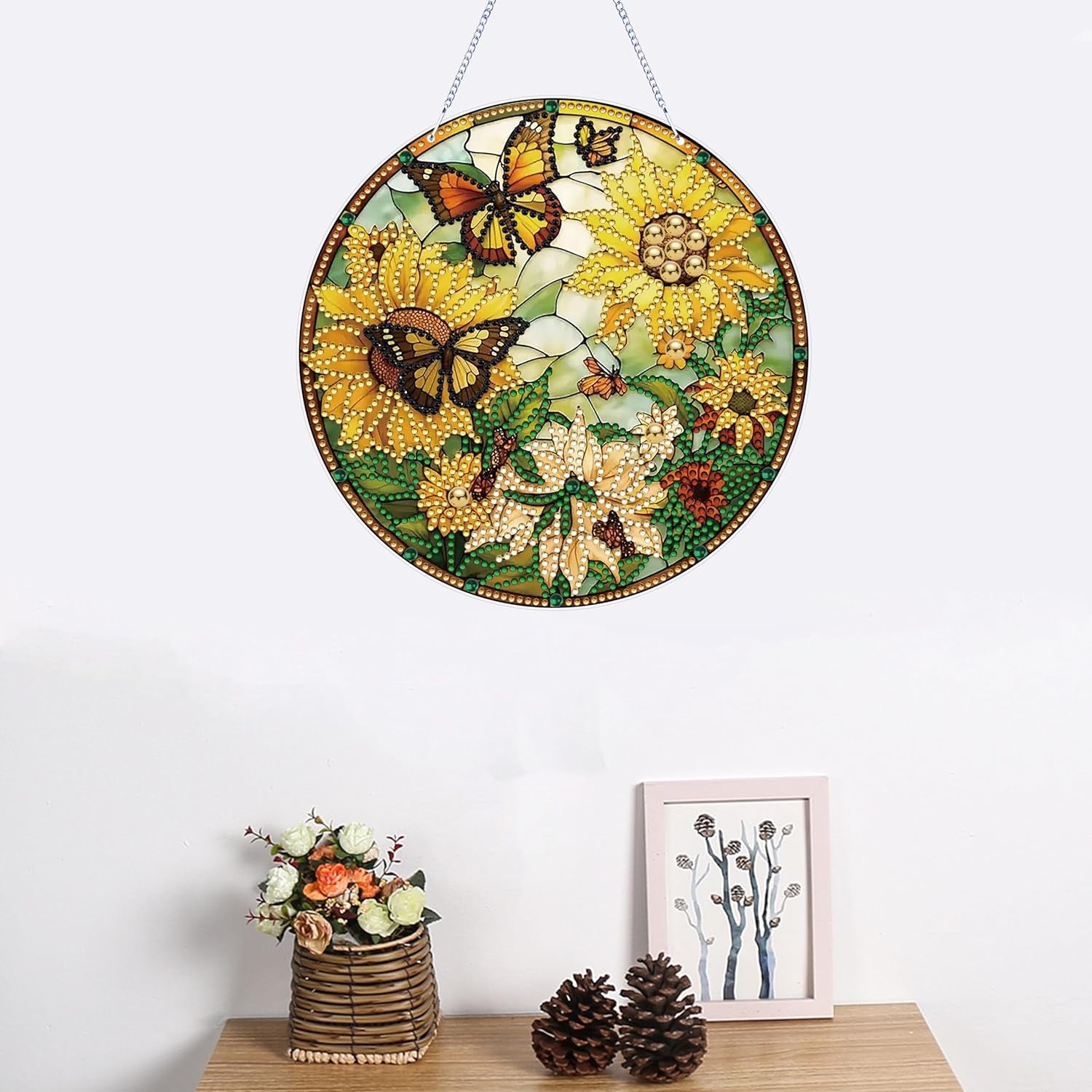 5D Sunflower Butterfly Diamond Painting Kits for Adults Hanging Sign Wall Art Sign Diamond Art Suncatcher Hanging Ornament Home Garden Wall Door Hanging Painting Kits, Yellow