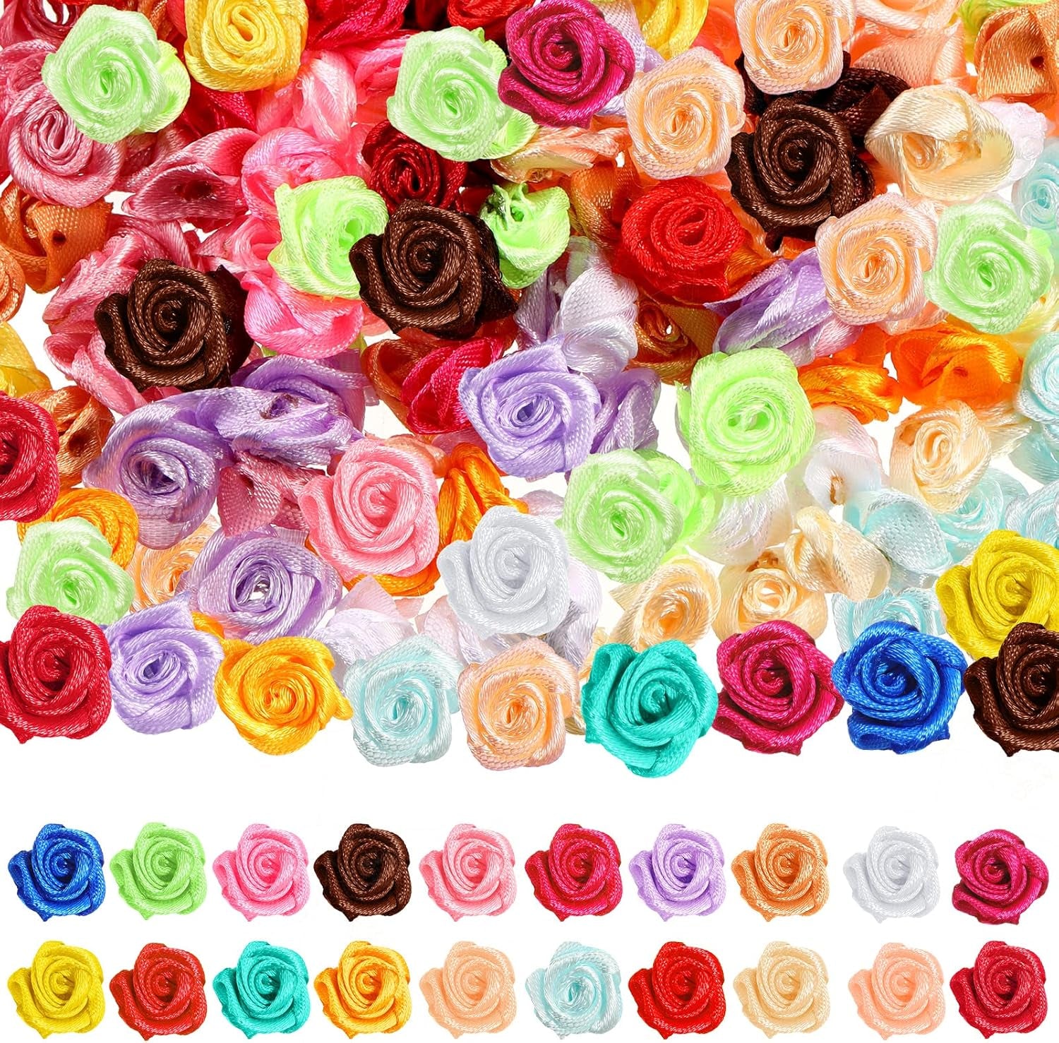 300 Pcs Mini Satin Ribbon Roses Small Flowers for Crafts Tiny Satin Roses Artificial Fabric Flowers Applique DIY Sewing Embellishments for Wedding Bride Gift Wrapping Decoration(Multicolor)