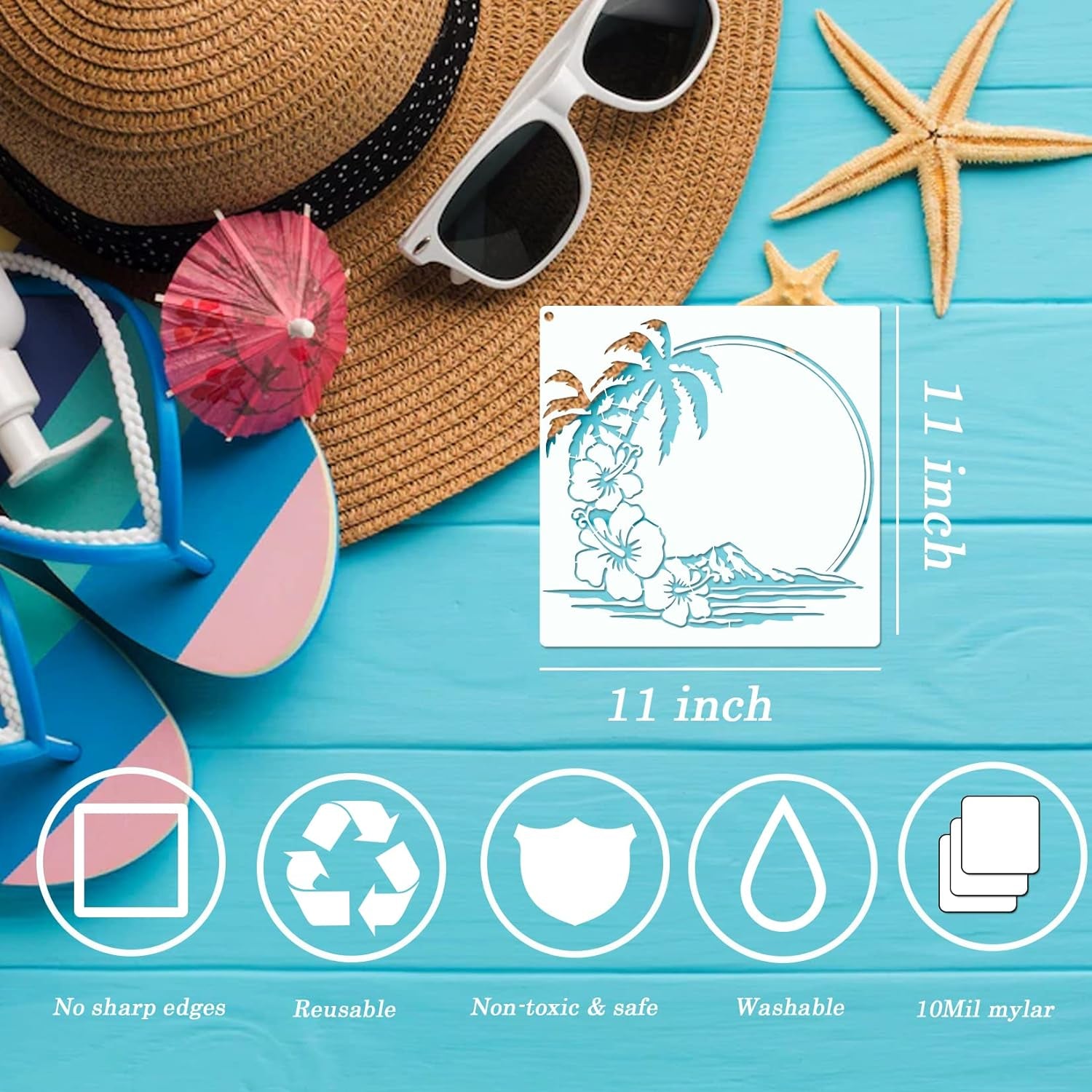 9Pcs Ocean Sea Turtle Jellyfish Dolphin Skeleton Fish Stencils Sea Animal Tropical Template Hawaiian Palm Tree Beach Dolphin Shark Stencils for Painting on Wood DIY Craft Wall Décor (Fancy)