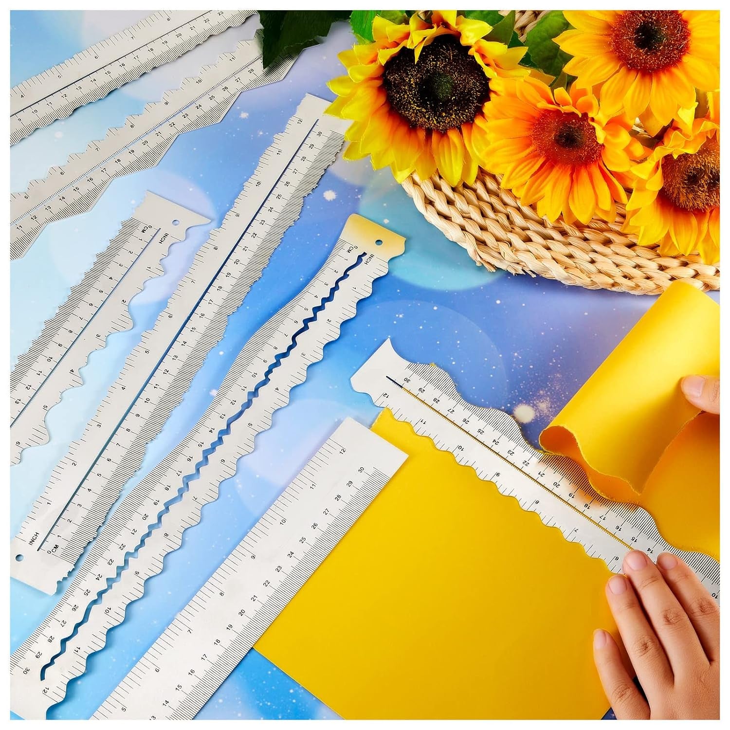 7 Pcs Metal Paper Tearing Ruler Deckle Edge Ruler Craft Ruler Stainless Steel Paper Cut Tool 12 Inch Irregular Edges Ruler Measurements Tool with 2 Watercolor Pen for Craft School Scrapbook