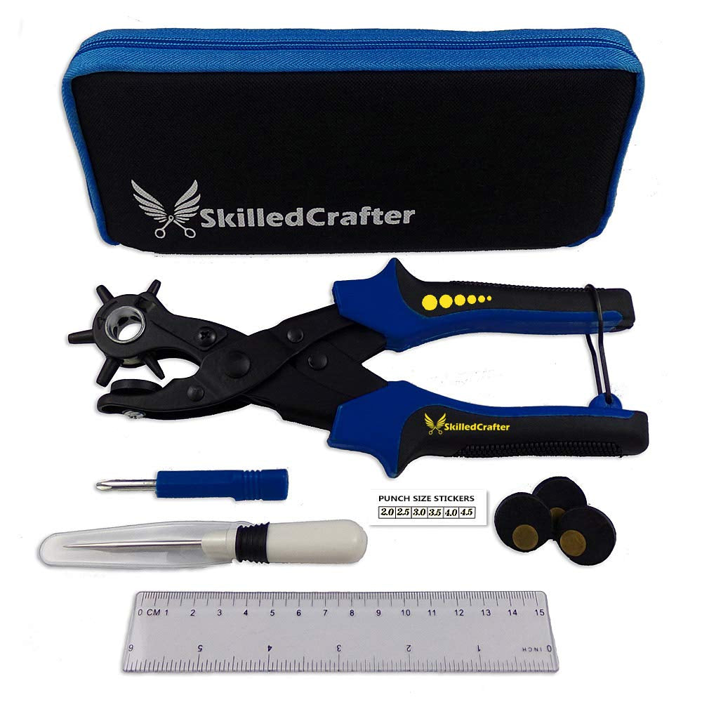 Leather Belt Puncher with Case. Heavy Duty Revolving Punch with 6 round Hole Sizes to Choose From. Includes Useful Accessories. Professional Quality Set + Exceptional 2 Year Warranty