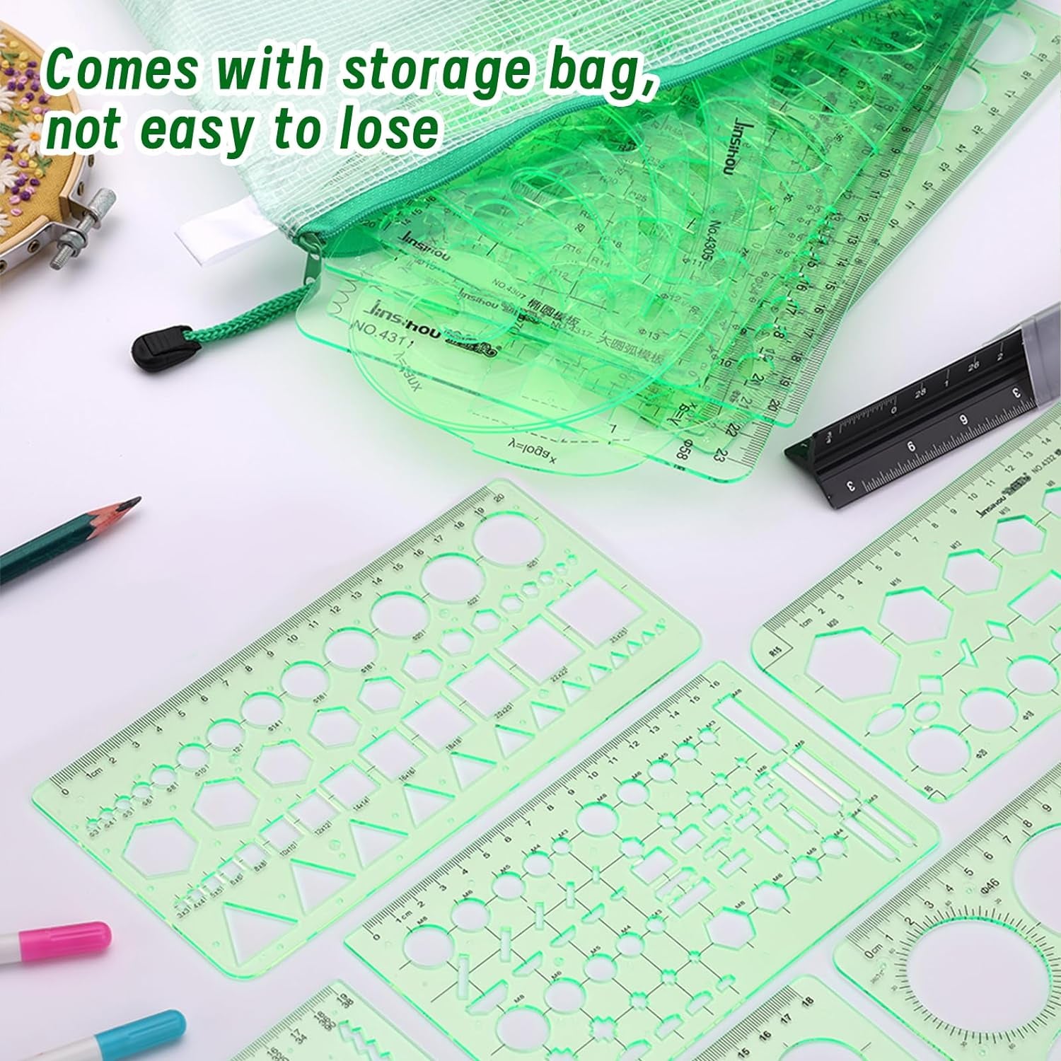 18 Pcs Geometric Drawings Templates, Drawing Stencils, Ruler Set, Circle Template for Drawing, Drafting Tools with a Storage Bag for Architecture, Studying, Office, Designing