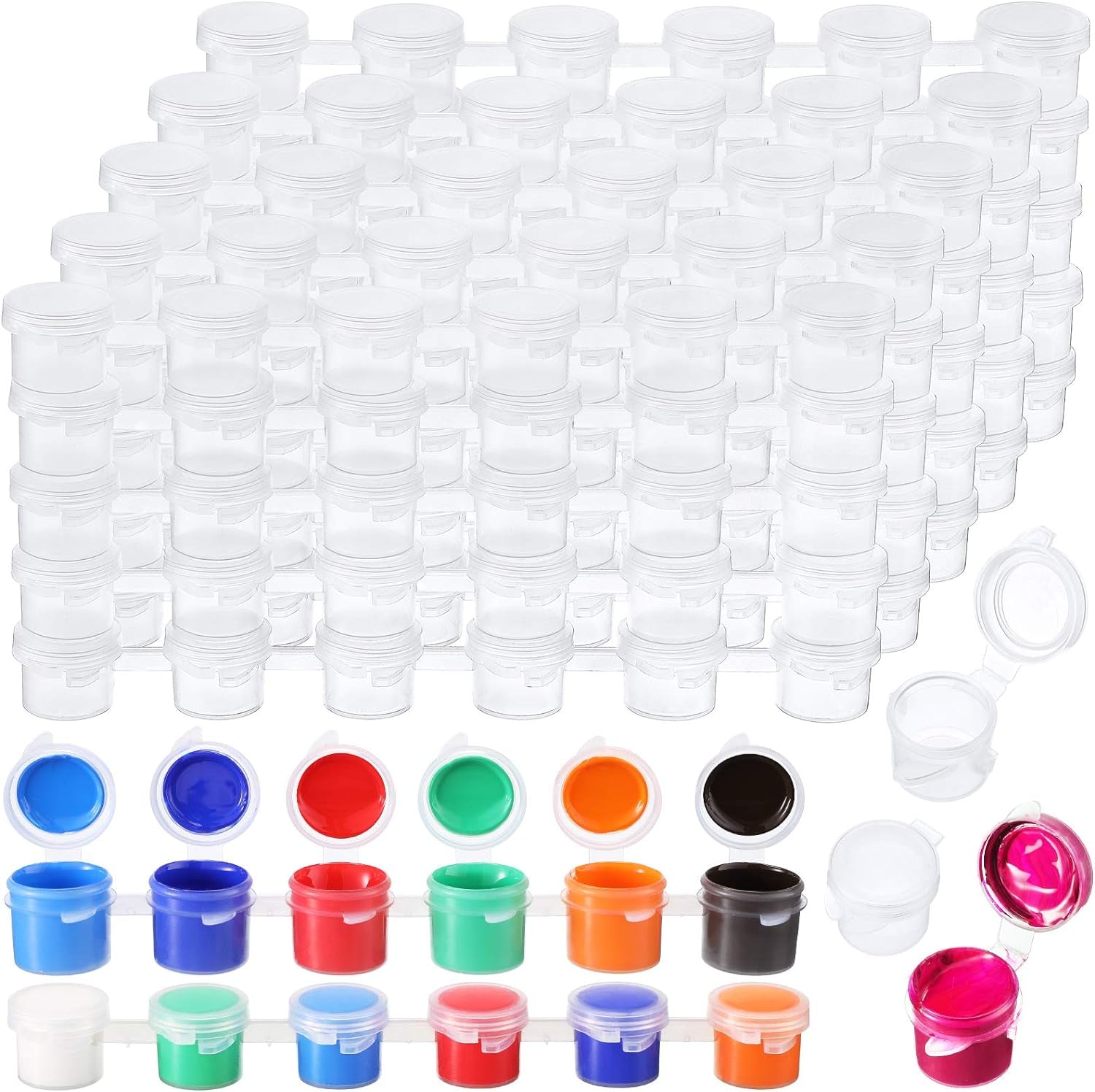 100 Strips 600 Pots Empty Paint Strips Paint Cup Pots Mini Strips Clear Plastic Storage Containers Art Painting Craft Supplies for Classrooms Schools Paintings Art Festivals (3 Ml/ 0.1 Oz)
