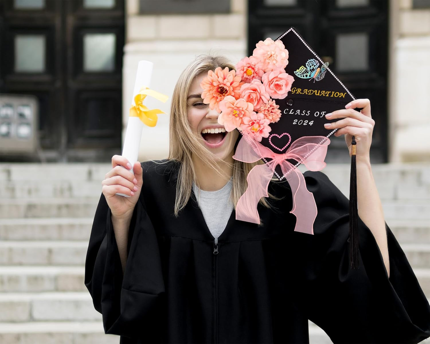 Graduation Cap Decorations: DIY Grad Hat Topper Kit, Include Flower Glitter Stickers Letters Butterflies - Handmade Decoration(No Glue&amp;Cap)