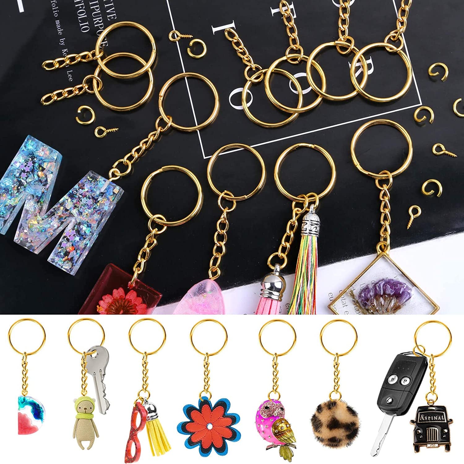 Keychain Rings Kit for Crafts Gold,  Includes 100Pcs Split Key Ring with Chain, 100Pcs Jump Rings and 100Pcs Screw Eye Pins for Resin Keychain Making