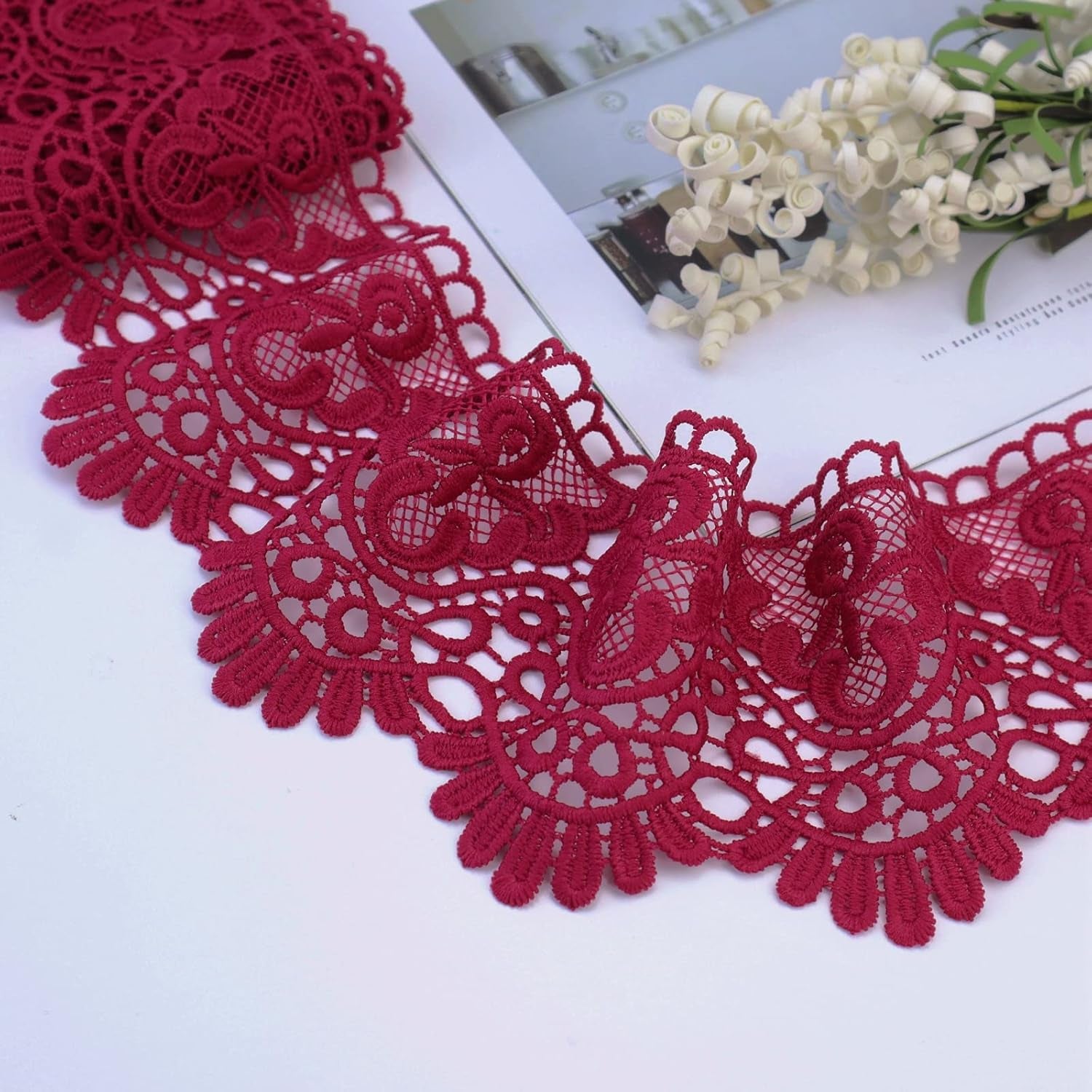 Venice Lace Trim 4 Inch Wide Lace Trim Lace Edge Trim Floral Venice Lace Ribbon Embroidered Lace Wedding Applique DIY Sewing Crafts(Dark Burgundy)