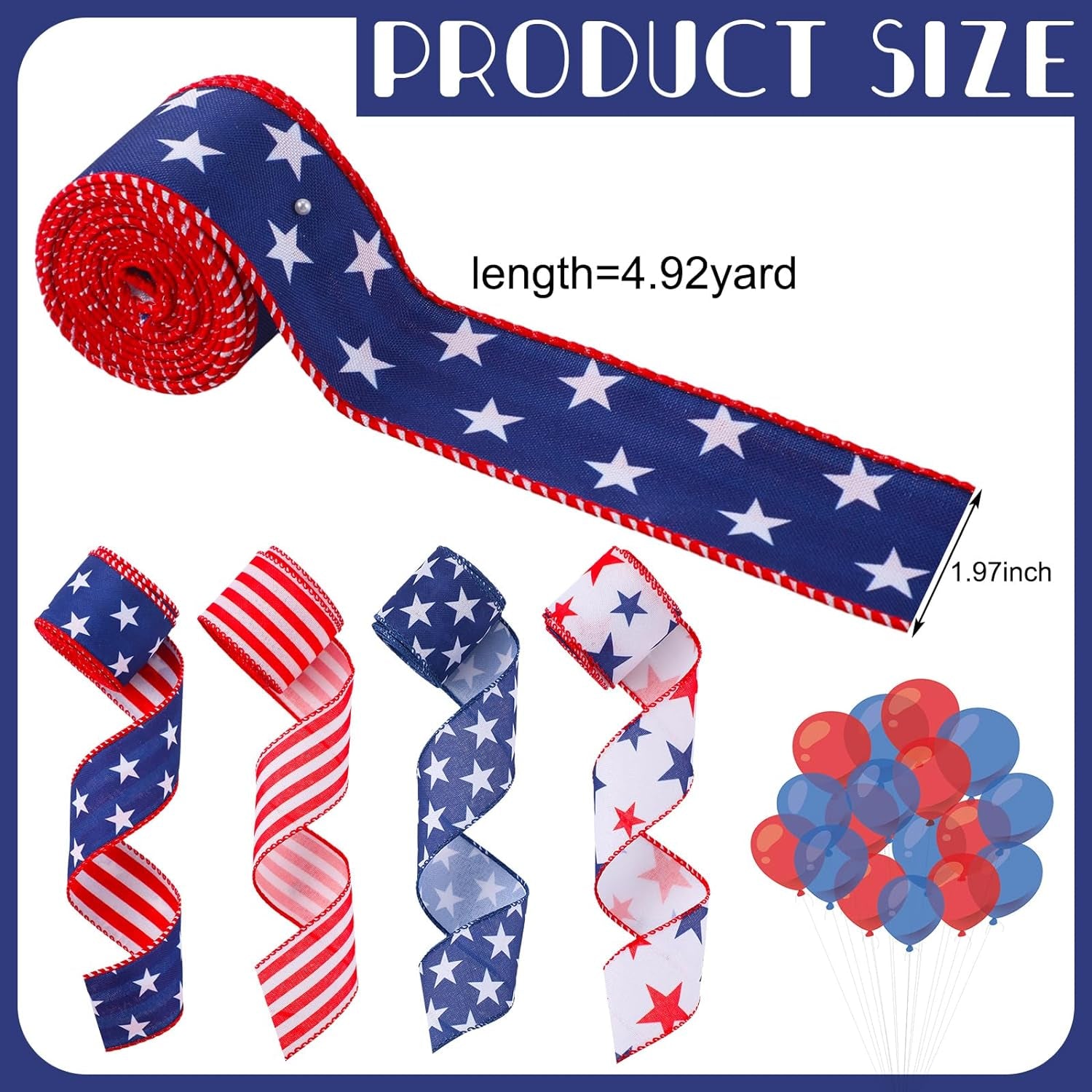 4 Rolls Patriotic Day Wired Ribbon 20 Yard 4Th of July Red White Blue Decorative Ribbon American Patriotic Day Edge Ribbons for Independence Day Bows DIY Wreath Making Crafts Memorial Day