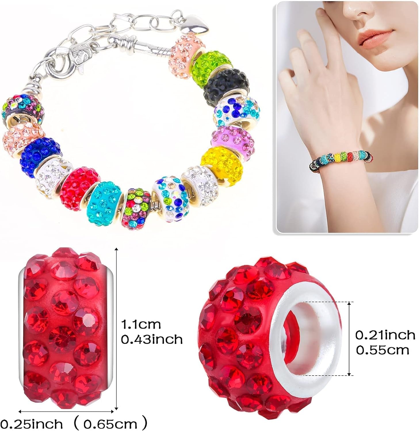 200 PCS Large Hole Beads for Jewelry Making,  European Beads Bulk Spacer Beads with Mixed Color Rhinestone Beads Charms for DIY Craft Bracelet Necklace Earring Making