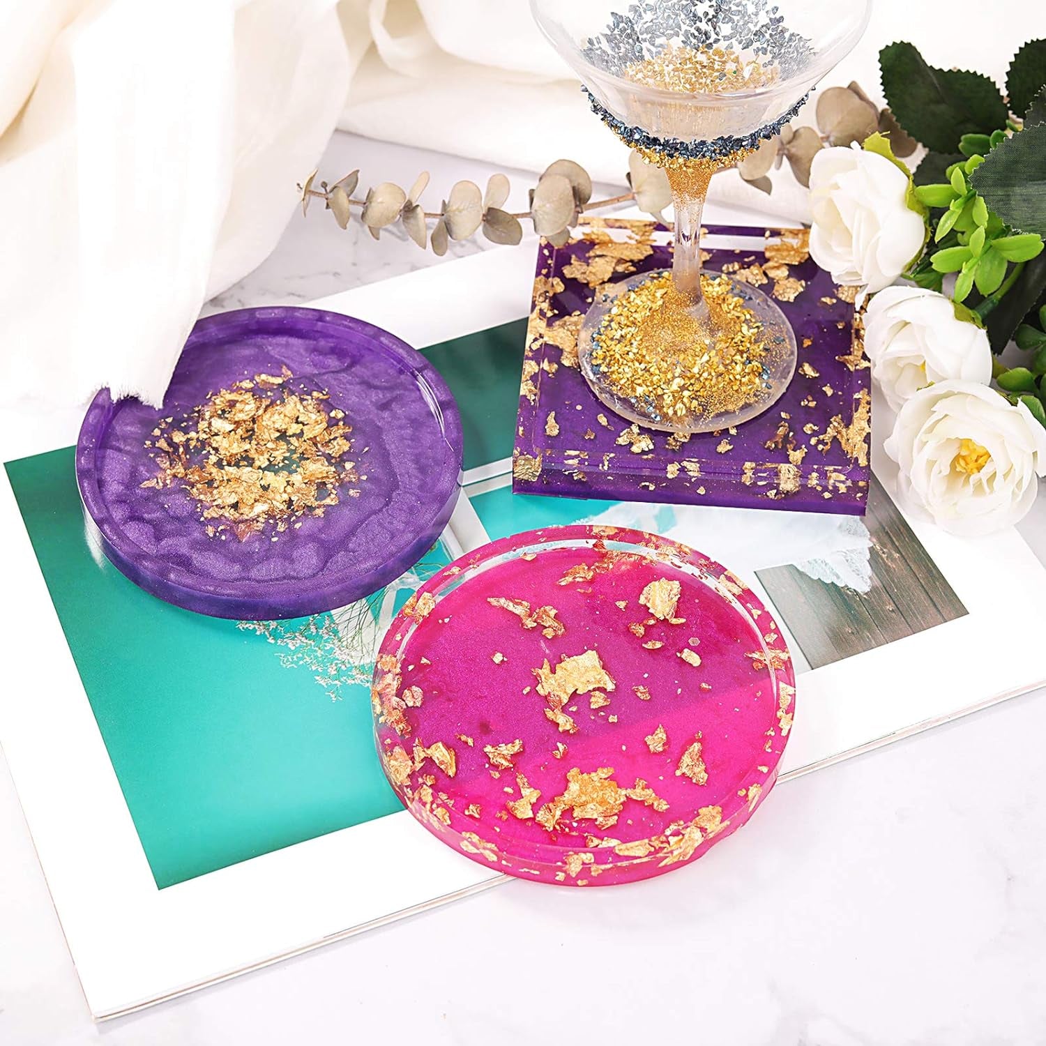 Epoxy Resin,Resin Coaster Molds Kit,16Oz Resin Starter Kit for Beginners,Include Epoxy Resin,Coaster Molds, and Mica Powder for Resin Casting, Ideal Christmas Gift Set