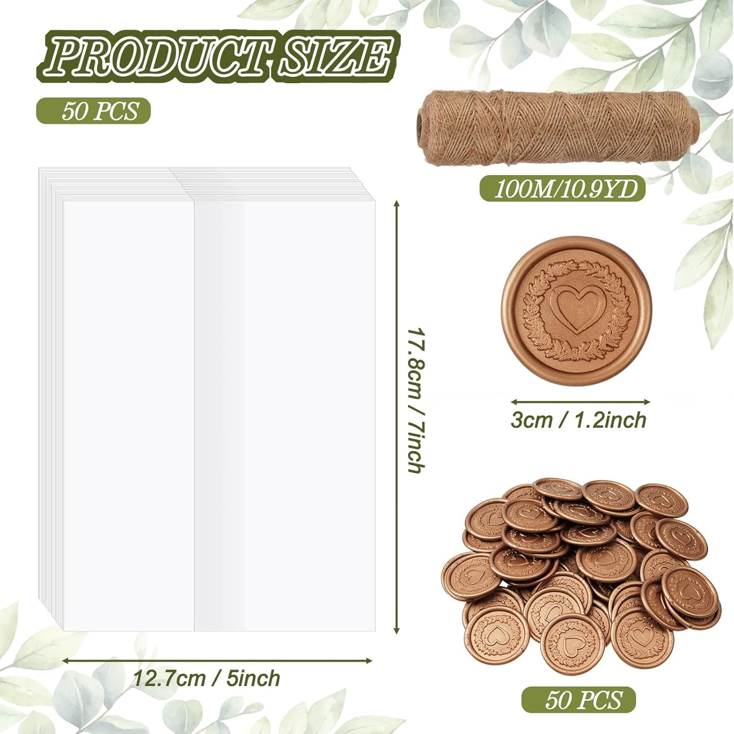 50 Sets Wedding Invitations Wraps Set Include Pre Folded Vellum Jackets for 5 X 7 Inch Invitations Mini Dried Flowers Gold Wax Seal Stickers for Wedding Birthday Bridal Baby Shower Craft DIY