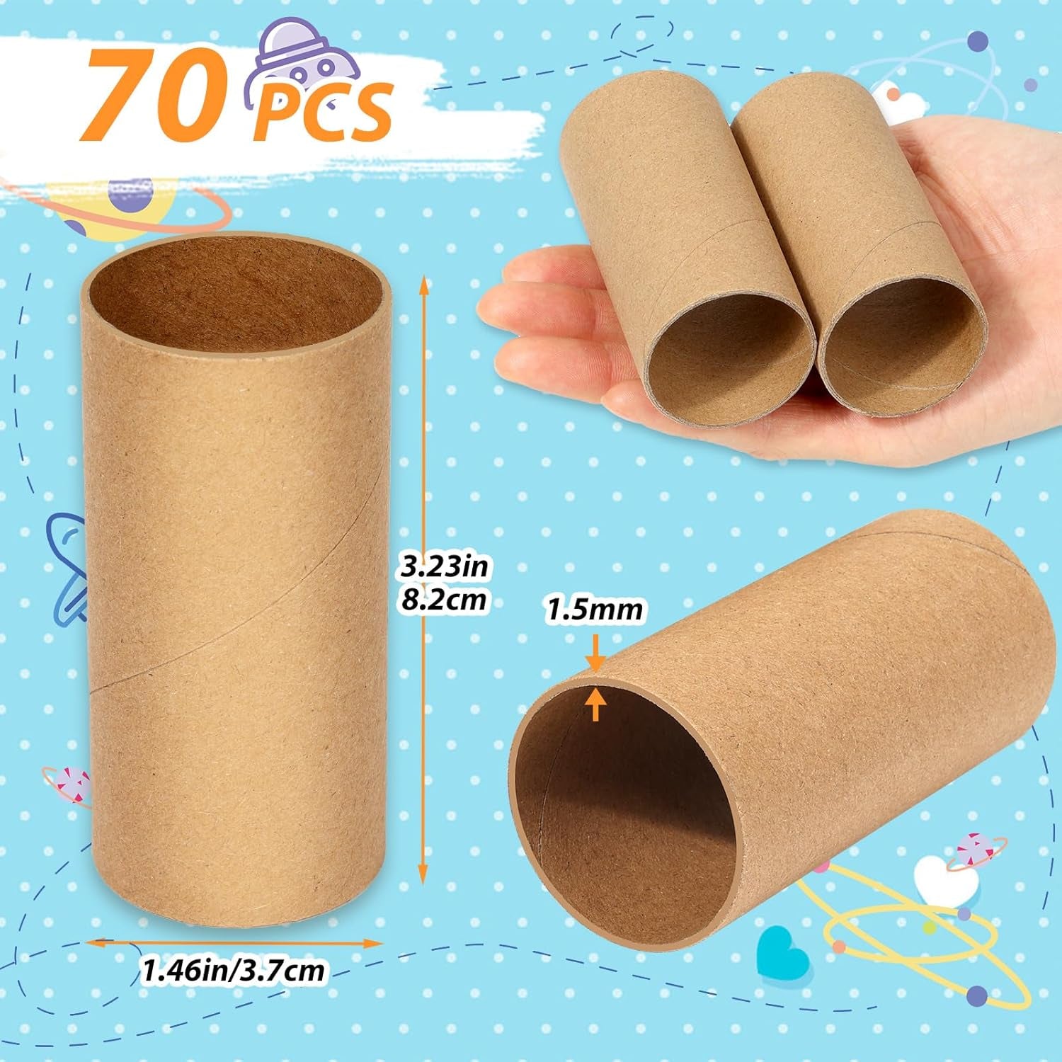 70 Pieces Cardboard Tubes for Crafts, Brown Kraft Toilet Paper Rolls for Crafts - 1.5 X 3.2 Inches Strong and Pressure-Resistant Tubes for School Supplies Classrooms Kids DIY Art